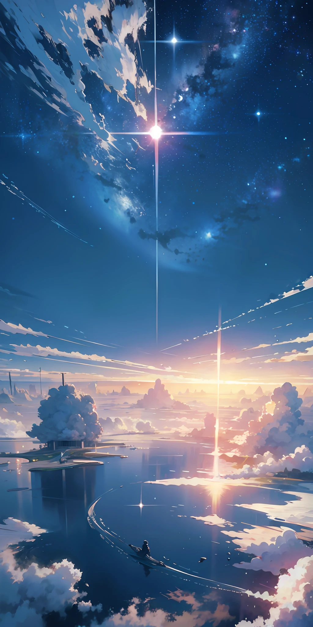 Ridiculous resolution, A high resolution, (masterpiece:1.4), ultra - detailed, 1boy, looking from above, the space, afloat, sky cities