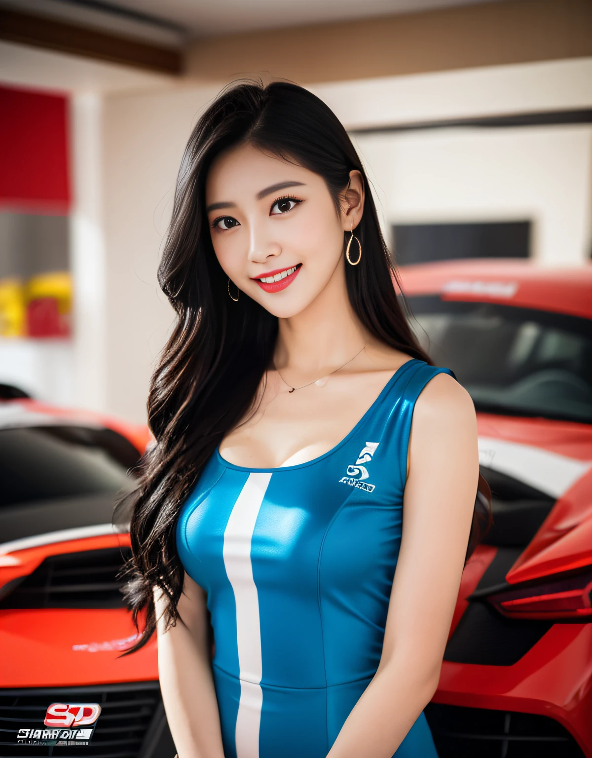 8K UHD, DSLR, Raw foto, Photorealistic, ultra realisic, Cinematic Lightning, high detailed, high detailed skin, High Quality , Tamron SP 70-300mm F/4-5.Photo taken by 6,The highest quality, Slightly visible chest and thighs, The ultra-Highres, slim waist, Lovely smile, highly detailed faces, Detailed lips, Detailed Eyes, Double eyelidd, Long black hair, Black-haired god, Spectacular sports car exhibition, Bright and cheerful atmosphere, Lovely eyes, (Racing models), Racing model costumes, Colorful costume colors, model poses, full body photograph,Bright and tight-fitting clothes, Sexy fashion