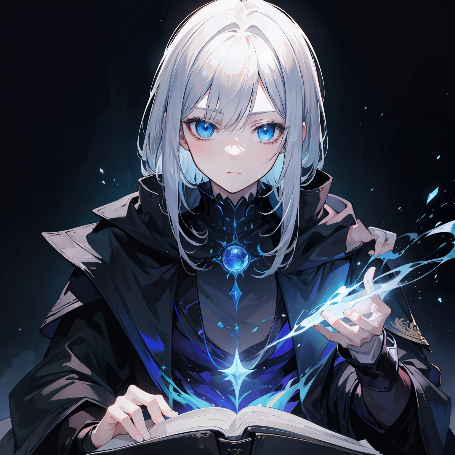 {[{{"Magnificent dark atmosphere, 4k artwork of man with gray hair and bright glowing blue eyes, Sitting and creating magic, Innocence remains."}]}}