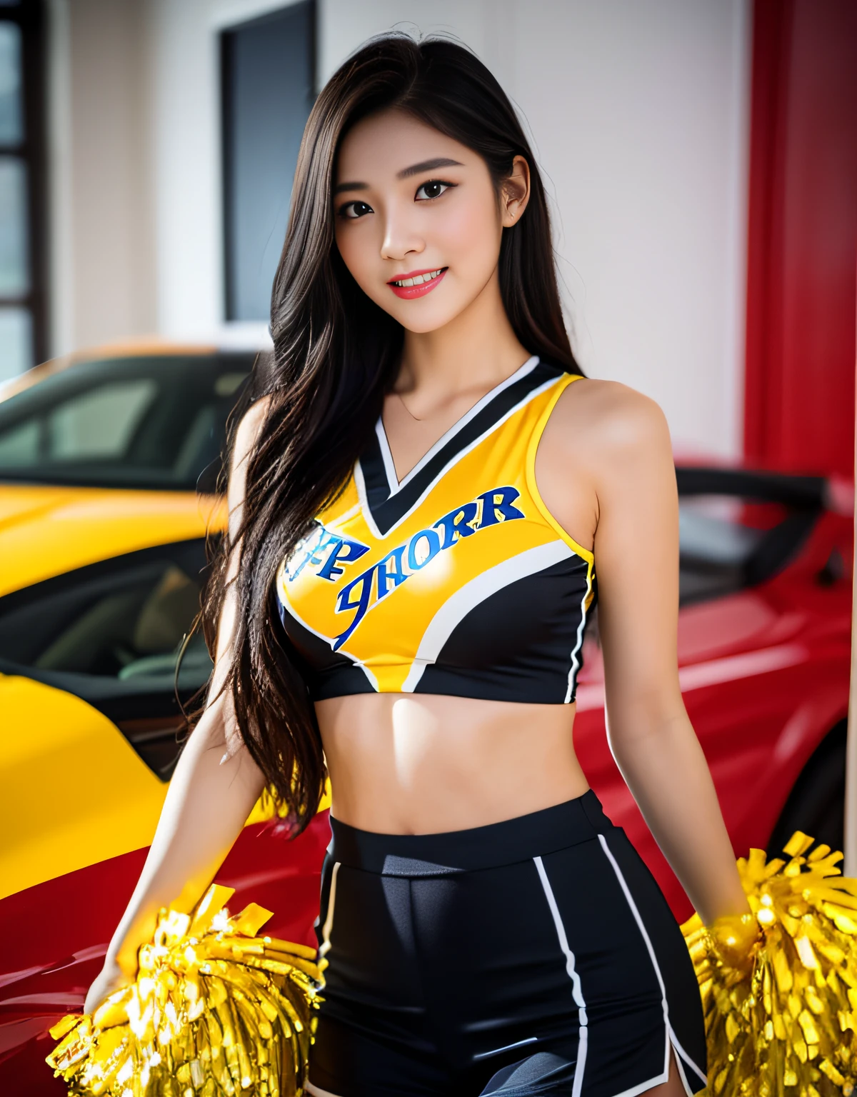 8K UHD, DSLR, Raw foto, Photorealistic, ultra realisic, Cinematic Lightning, high detailed, high detailed skin, High Quality , Tamron SP 70-300mm F/4-5.Photo taken by 6,The highest quality, Slightly visible chest and thighs, The ultra-Highres, slim waist, Lovely smile, highly detailed faces, Detailed lips, Detailed Eyes, Double eyelidd, Long black hair, Black-haired god, Spectacular sports car exhibition, Bright and cheerful atmosphere, Lovely eyes, (cheerleader), Cheerleader costumes, Colorful costume colors, model poses, full body photograph,Bright and tight-fitting clothes, Sexy fashion