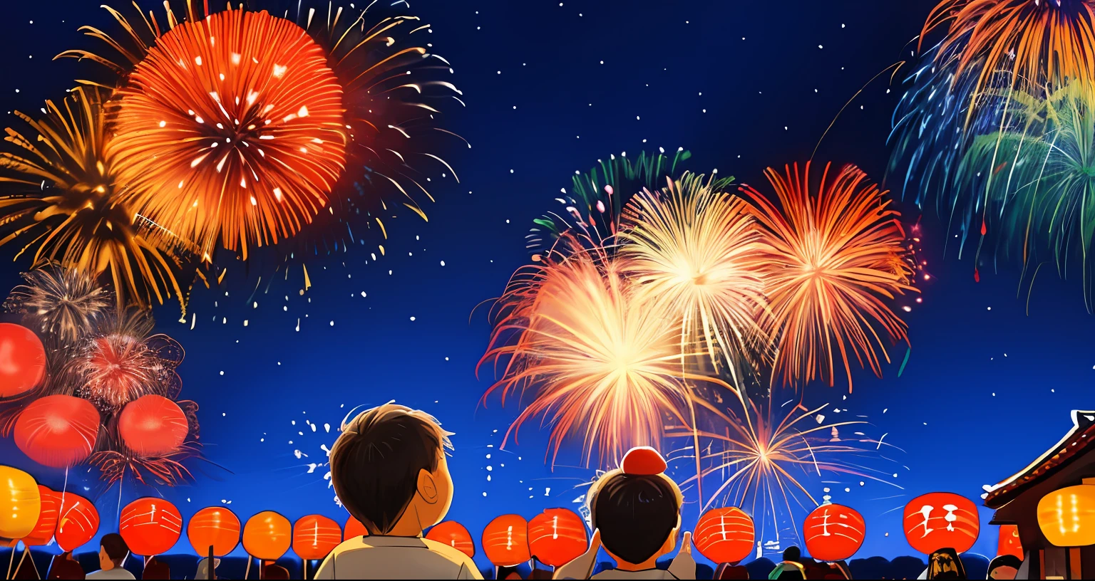 jpn、Summer Festivals、Fireworks blooming in the countryside、families、2 year olds、5 year olds、mamma、Looking up at the sky