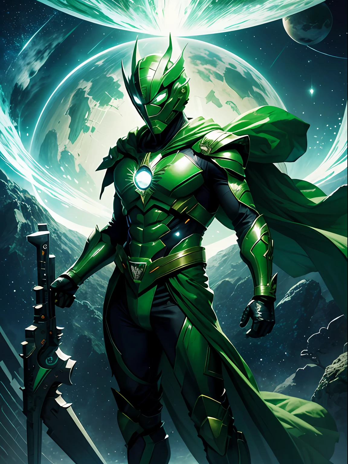 Fotorealista, designe de alta qualidade, detalhes definidos e nitidos, 8k, homem masculino jovem e bonito, imagem com o corpo inteiro, full body, lanterna verde, rosto liso e sem pelos, cabelo na cor verde verde, olhos iluminados, anel do poder com energia verde, Hero mask covering eyes, green superhero costume, personagem lanterna verde, DC comics, Superhero, rosto com imagem definida, Full body flying in space, green lighting, fundo do espaco com planetas e estrelas --auto