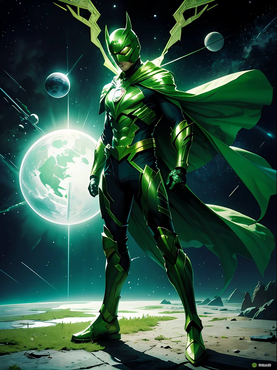 Fotorealista, designe de alta qualidade, detalhes definidos e nitidos, 8k, homem masculino jovem e bonito, imagem com o corpo inteiro, full body, lanterna verde, rosto liso e sem pelos, cabelo na cor verde verde, olhos iluminados, anel do poder com energia verde, Hero mask covering eyes, green superhero costume, personagem lanterna verde, DC comics, Superhero, rosto com imagem definida, Full body flying in space, green lighting, fundo do espaco com planetas e estrelas --auto