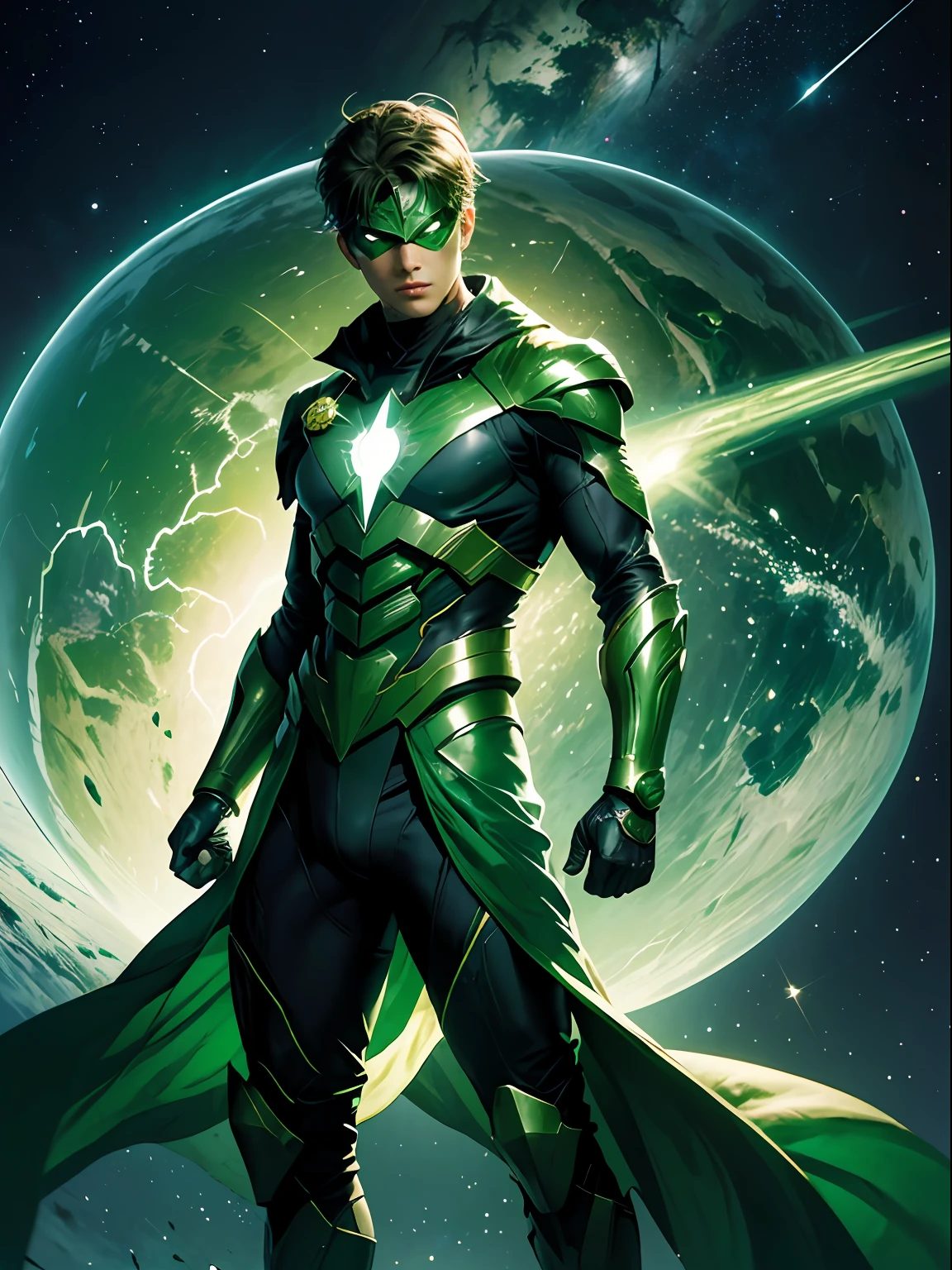 Fotorealista, designe de alta qualidade, detalhes definidos e nitidos, 8k, homem masculino jovem e bonito, imagem com o corpo inteiro, full body, lanterna verde, rosto liso e sem pelos, cabelo na cor verde verde, olhos iluminados, anel do poder com energia verde, Hero mask covering eyes, green superhero costume, personagem lanterna verde, DC comics, Superhero, rosto com imagem definida, Full body flying in space, green lighting, fundo do espaco com planetas e estrelas --auto