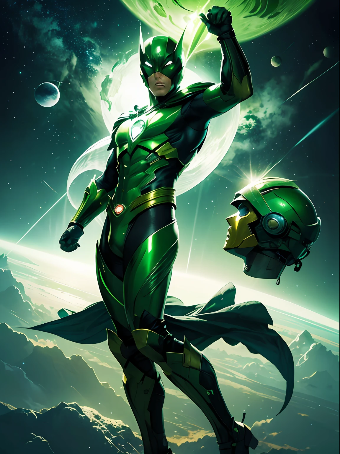 Fotorealista, designe de alta qualidade, detalhes definidos e nitidos, 8k, homem masculino jovem e bonito, imagem com o corpo inteiro, full body, lanterna verde, rosto liso e sem pelos, cabelo na cor verde verde, olhos iluminados, anel do poder com energia verde, Hero mask covering eyes, green superhero costume, personagem lanterna verde, DC comics, Superhero, rosto com imagem definida, Full body flying in space, green lighting, fundo do espaco com planetas e estrelas --auto