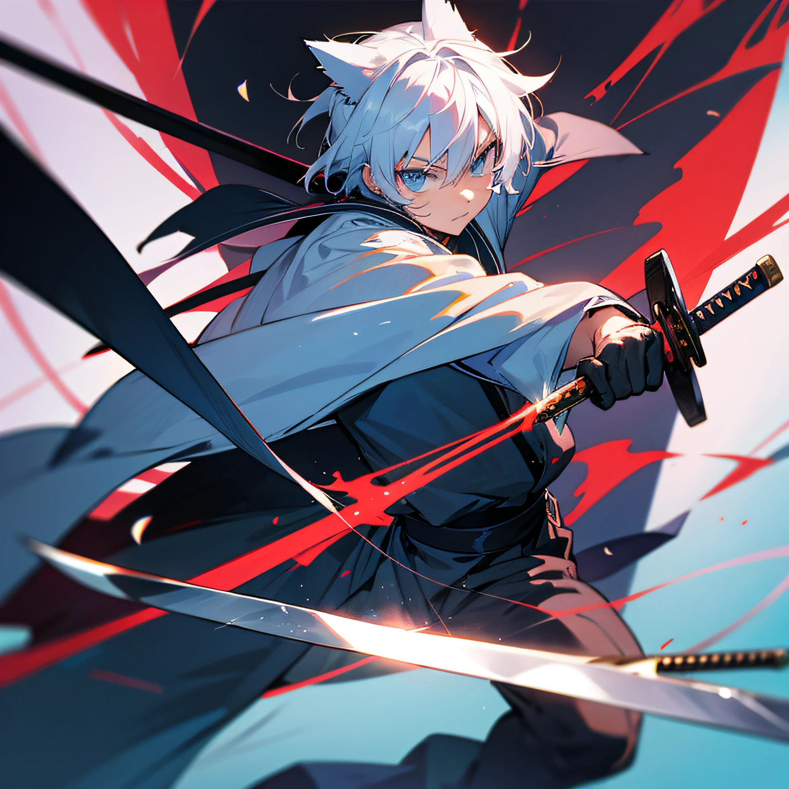 cat, anime, man, sword