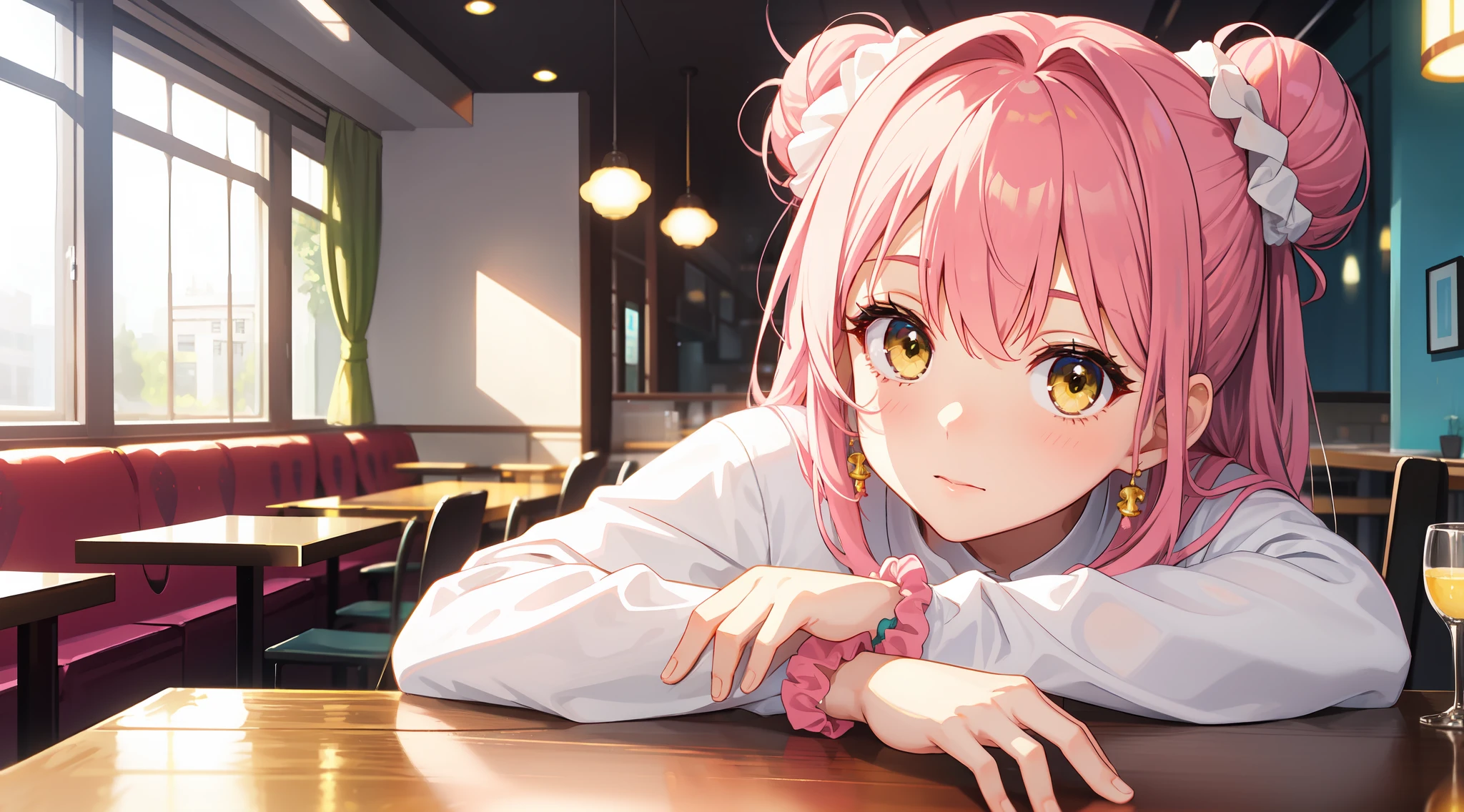 masterpiece , best quality, 1girl, solo, single side bun, pink hair, long hair, white dress, dress, wrist scrunchie, hair bun, scrunchie, yellow eyes, looking at viewer, hair ornament, upper body, (close up:1.2), sitting, indoors, cafe