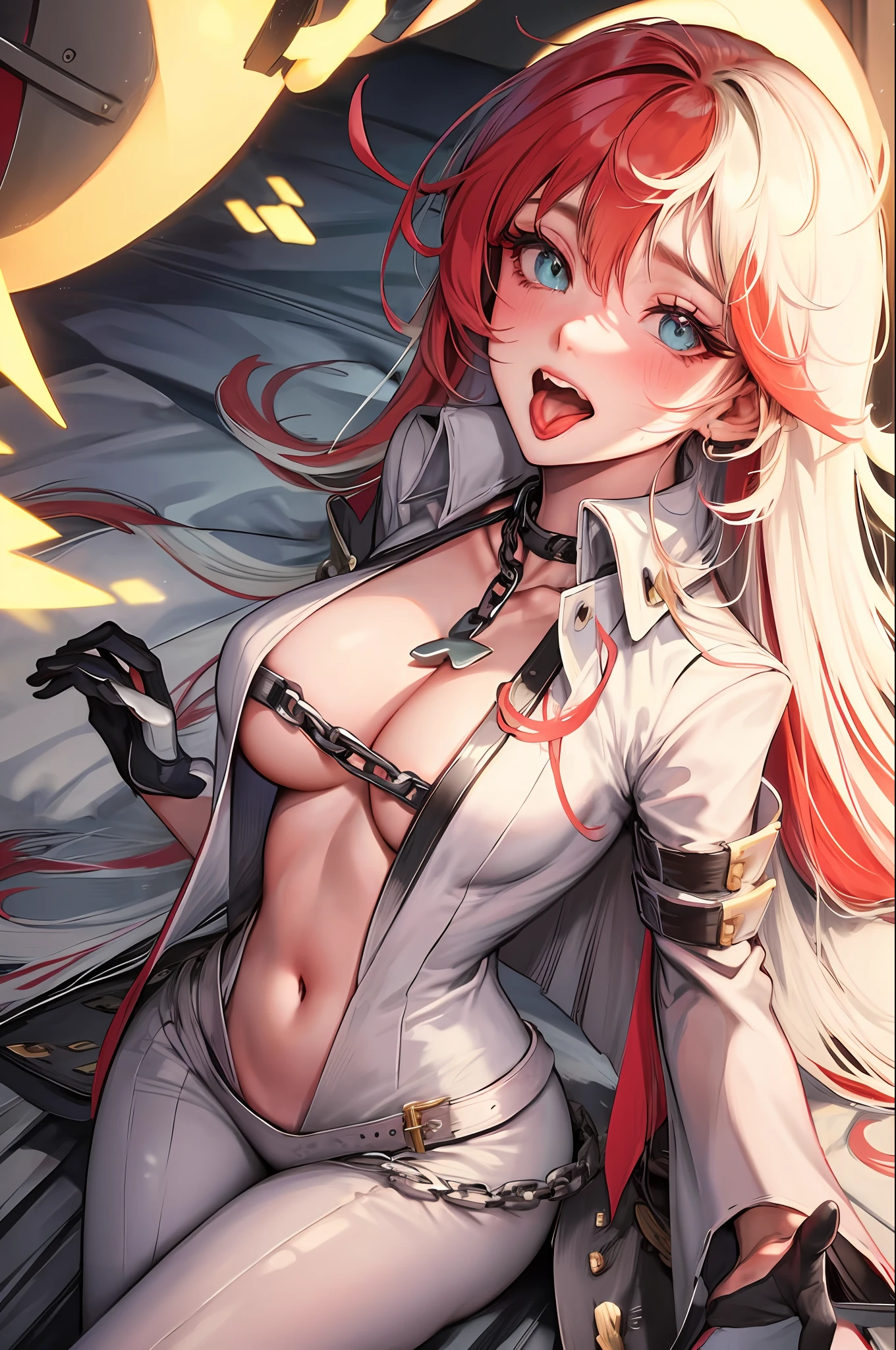 fantasy, 1 , cottage, human, big tits, navel,,(masterpiece, best quality), sidelightning, ,beautiful detailed eyes, slave chain, slave collar, lying on bed, slave clothing, eyes rolling, tongue out, with tongue, crazy, open mouth, screaming, ahegao, heavy breathing, blush, sweat, slave clothing, multicolored hair, long hair