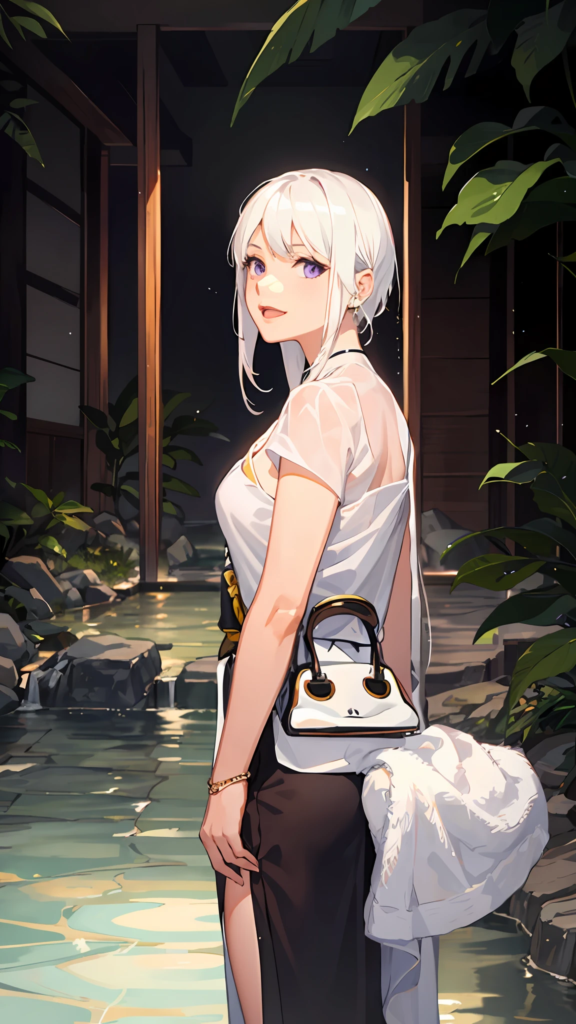 1girl, white hair, purple eyes, portrait, realistic, towel, (onsen), sidelighting, wallpaper, nsfw,