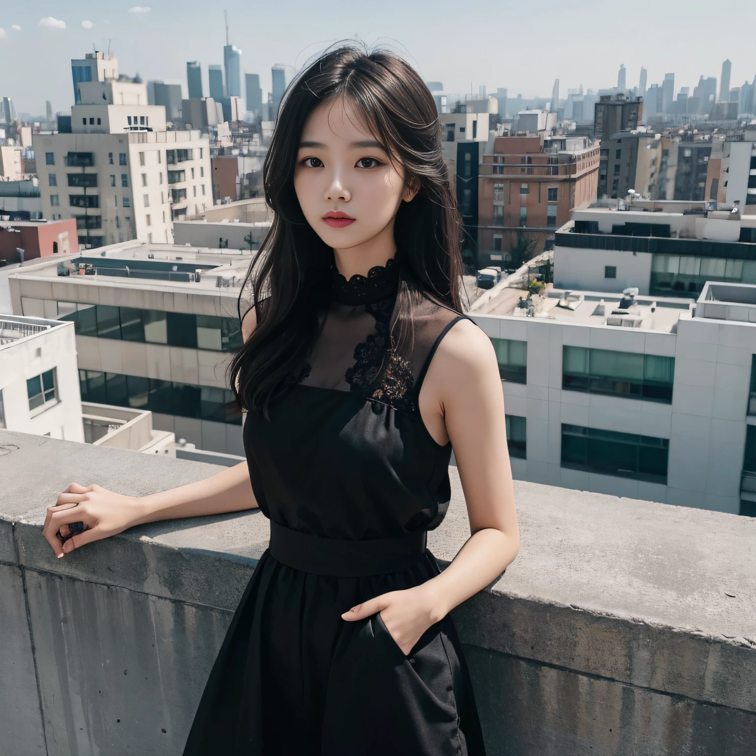 highrise buildings、standing on the rooftop、Woman with a very beautiful face、in her 20s、beautiful hairl、Black eyes、looking out over the city、Very delicate and dense、An ultra-high picture quality、超A high resolution、8ｋ