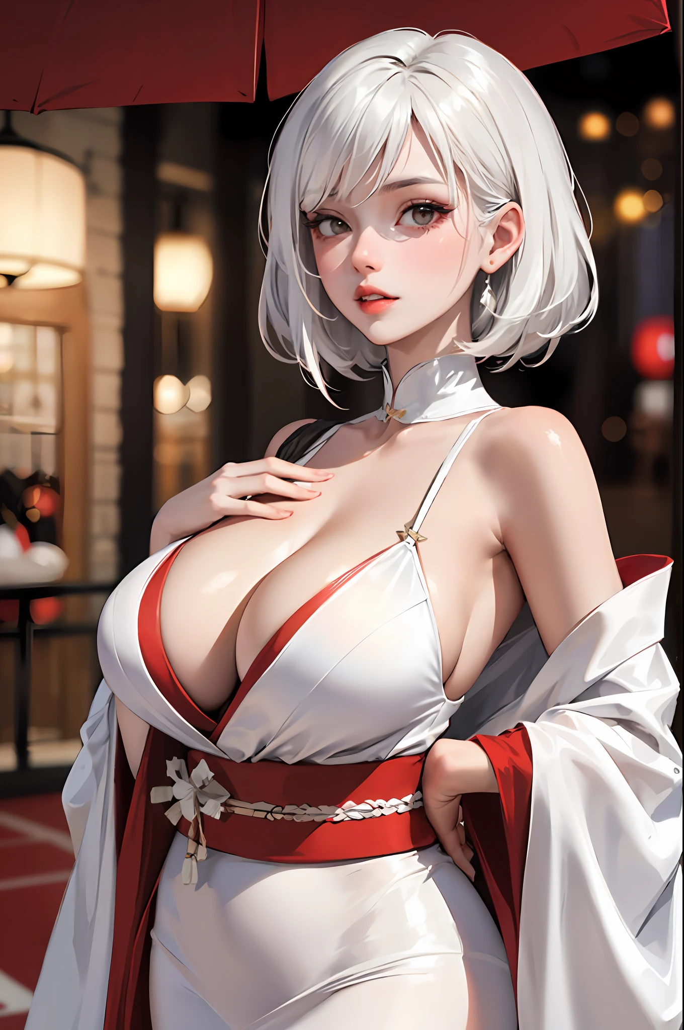 masterpiece, top-quality,, (face perfect:1.1) , (high detailing:1.1), breastsout, cleavage of the breast, Curvaceous, Wide waist, (large full breasts、thick thight:1.3),, s lips, blurry backround、kimono、bare shoulders、White kimono、White hair、Longhaire