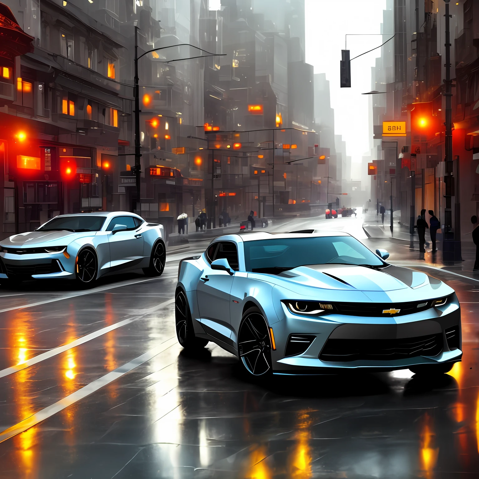 Chevrolet Camaro sports car rainy day city street reflection, Surrealism, Social realism, cinematic lighting, chiaroscuro, reflection light, Expressionism, UHD, high details, highres, masterpiece, super detail, best quality --auto