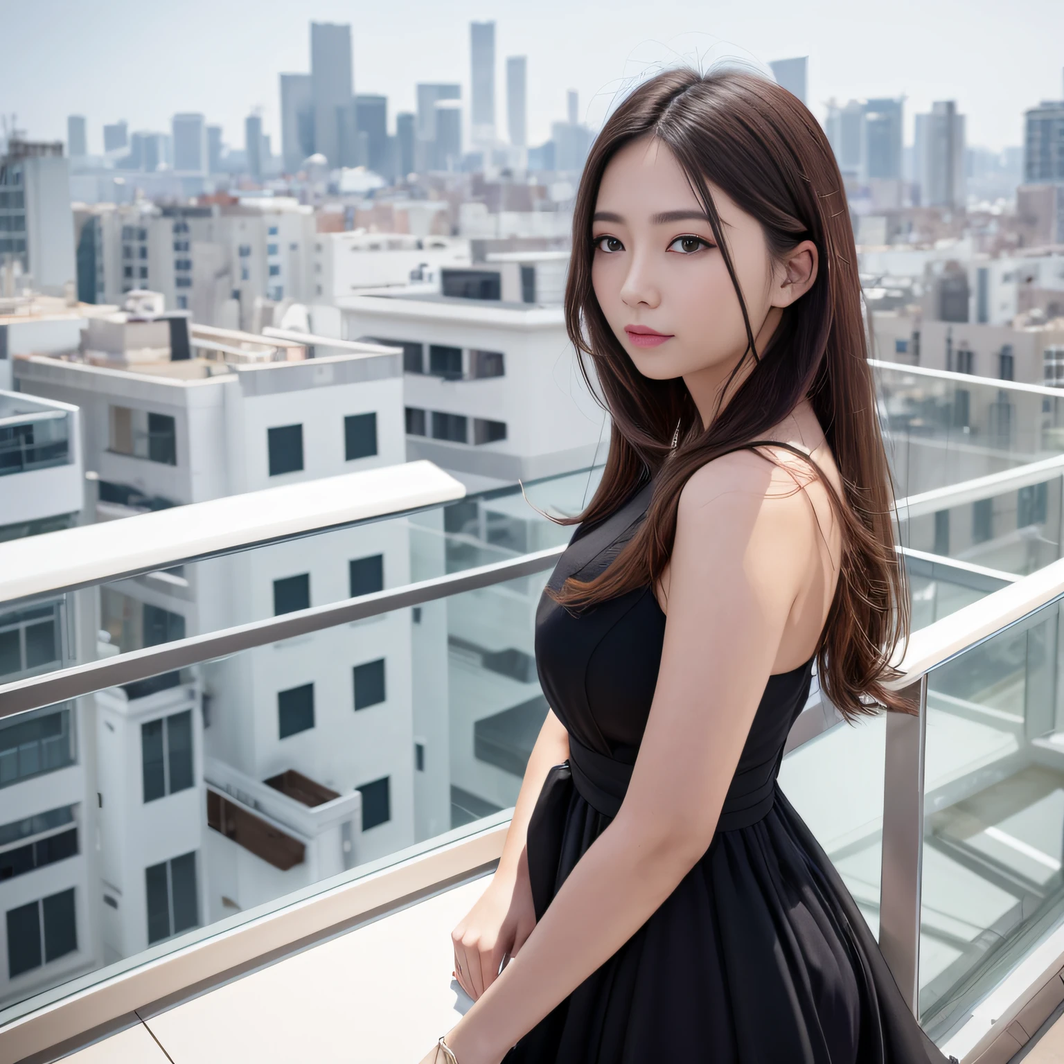 highrise buildings、standing on the rooftop、A woman with a very beautiful face、in her 20s、beautiful hairl、Black eyes、looking out over the city、Very delicate and dense、An ultra-high picture quality、超A high resolution、8ｋ --auto