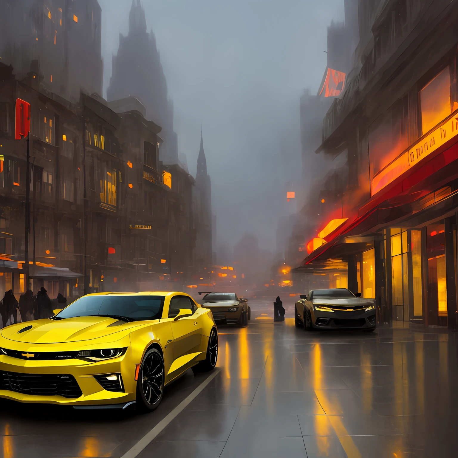 Chevrolet Camaro sports car rainy day city street reflection, Surrealism, Social realism, cinematic lighting, chiaroscuro, reflection light, Expressionism, UHD, high details, highres, masterpiece, super detail, best quality --auto