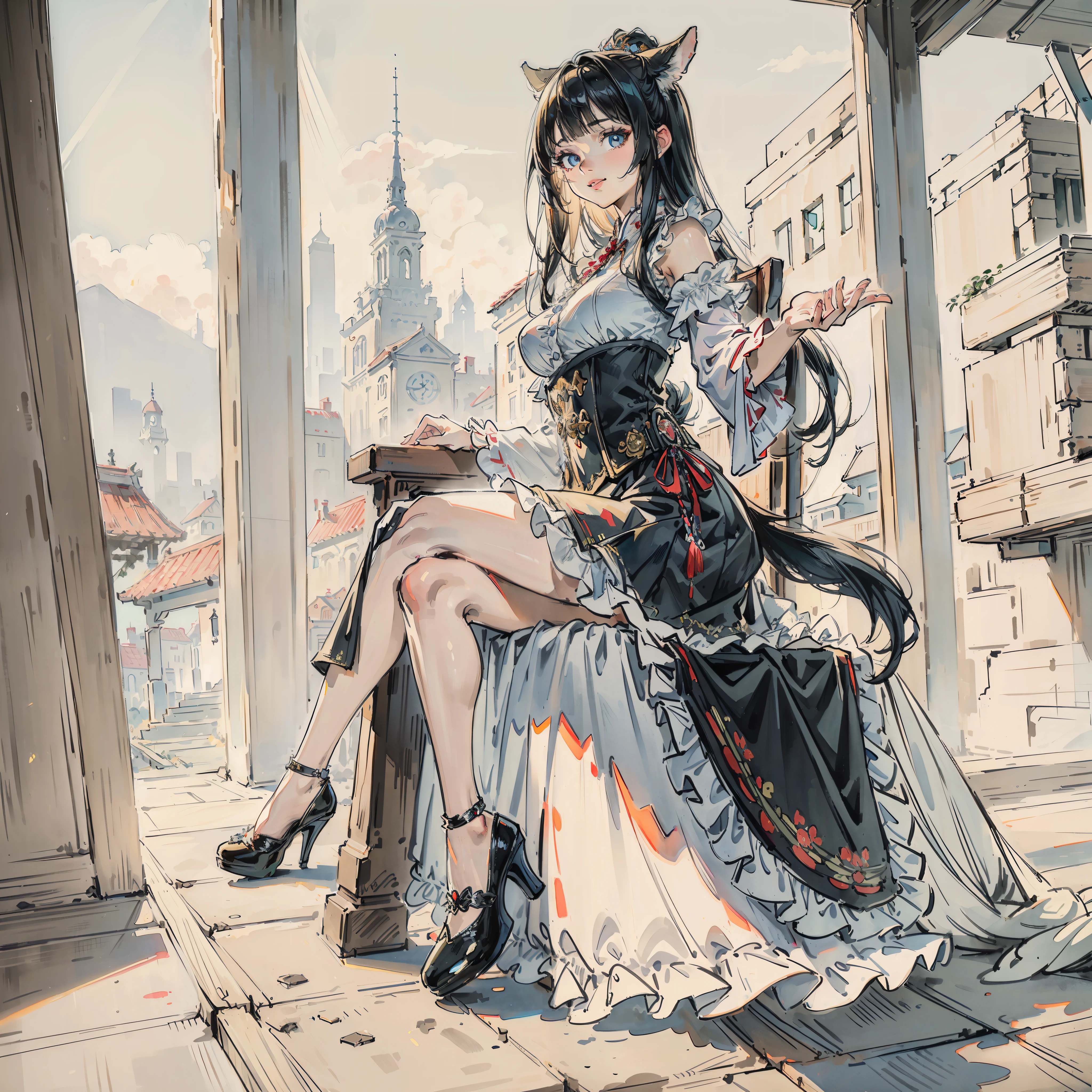 (Masterpiece, Best Quality:1.2),  absurdres, (Traditional Media:1.2), (2d:1.2), (centered:1.3), illustration, skirt_tail, highly detailed, (ultra-detailed), mid shot, (full body:1.3), (perfect female figure), skirt, dress, frills, sitting on a chair, high heels, (solo), beautiful, (detailed eyes, detailed face:1.2), lips, smilebeautiful, lips, shiny, dynamic pose, various colors, depth of field, scenery, (details:1.2), sharp focus, depth of field, center frills
