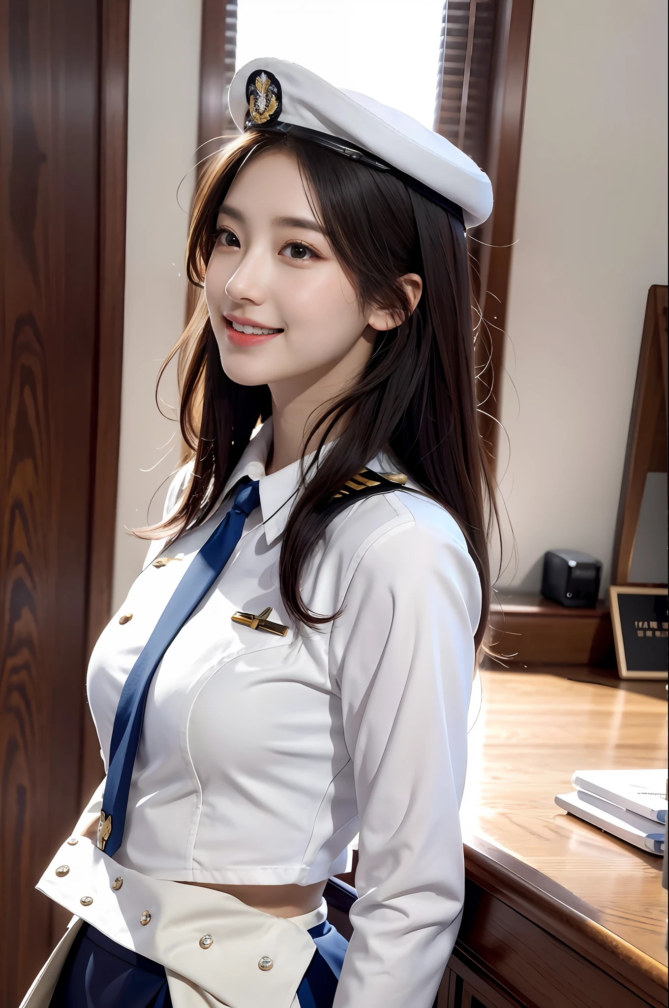 （best qualtiy，8K，32K，tmasterpiece，hyper HD：1.2），（realisticlying：1.5），（tmasterpiece，Extremely detailed CG unifies 8K wallpapers，best qualtiy，A high resolution：1.2），（ultra - detailed，hyper HD：1.2），Very cute and beautiful photos of Japanese women，Korean woman，pop star，（Ice cream cup army cap，Navy cap），AS-Adult，（Beautiful military uniform），（detailed beautiful girl：1.4），best qualtiy，woman，AS-Adult，（Detailed US Naval Aviation Uniform：1.5），（white naval uniform：1.3）， （White high-waisted pencil skirt：1.3），Meticulous clothes，（Beautiful sunset US Air Force base runway view background：1.3），embarrassed laughing：1，light  smile，looking at viewert，face to the viewer，（（Perfect female body）），（a narrow waist：1.2），（Upper body image：1.3），Slim，Abs，（Bigchest：1.25），（frame the head）），ventania，dynamicposes，cinematric light，The light from the back window is backlighted，Perfect anatomy，perfectly proportions， detailed ， Bokeh， depth of fields，in a panoramic view。
