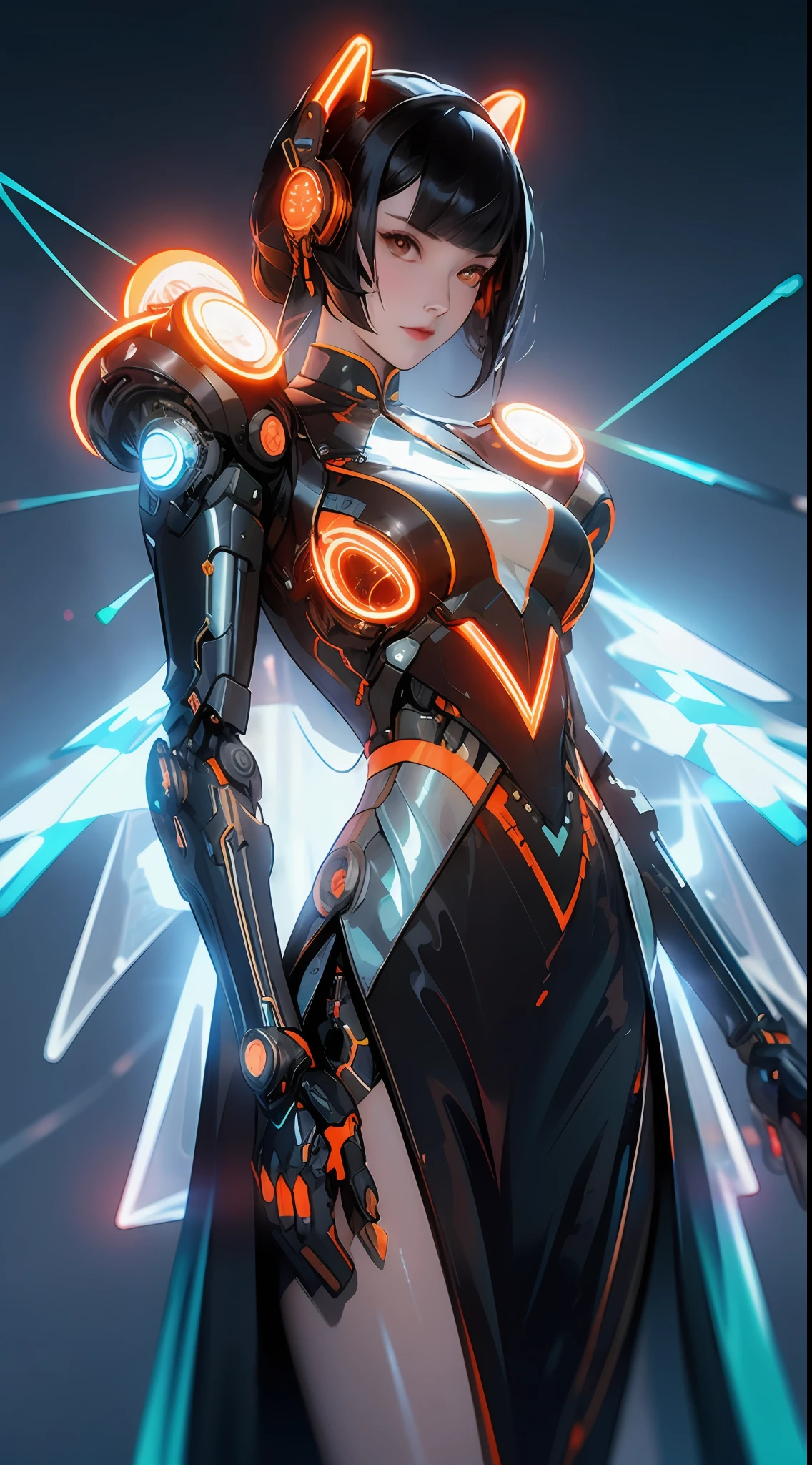 1 girl, Chinese_clothes, metallic black titanium and orange, cyberhan, cheongsam, cyberpunk city, dynamic pose, detailed luminous headphones, glowing hair accessories, long hair, luminous earrings, glowing necklace, cyberpunk, high-tech city, full of mechanical and futuristic elements, futurism, technology, glowing neon, orange, orange light, fluorescent orange, skirt, cape, coat, laser, digital background, urban sky, big moon, with vehicle, best quality, masterpiece, 8K, Character edge light, super high detail, high quality, the most beautiful woman in human beings, slight smile, face facing front and left and right symmetry, ear decoration, beautiful pupils, light effects, visual data, pick and dye orange, dye hair, super detail facial texture, happy and proud, weapon system, mecha style, crowded street passers-by, mechanical wings, super light and shadow