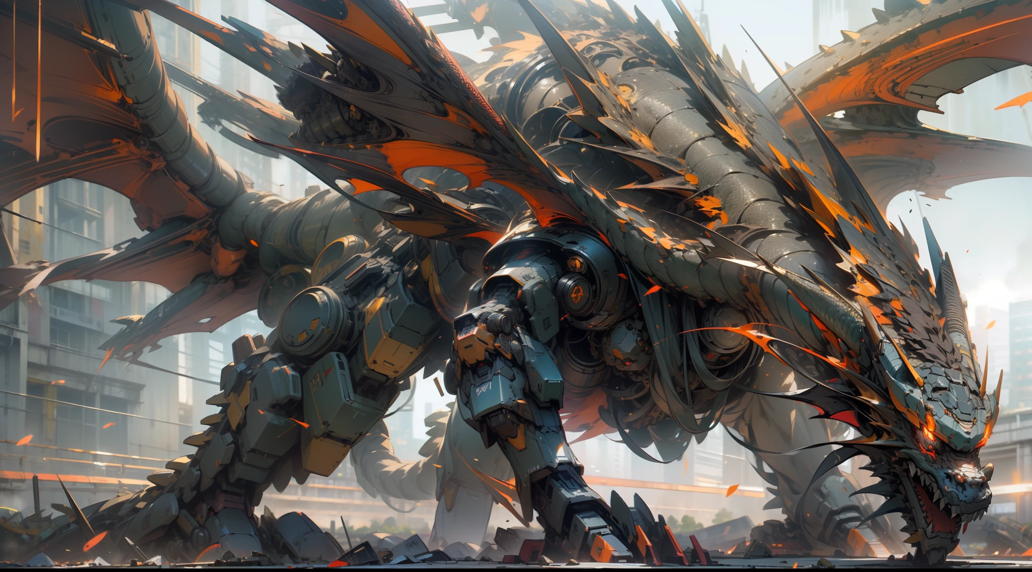(((Masterpiece))),(((Best quality))),(((Amazing detail))),((illustration)),((8K)),Tyndall effect,Light, Mechanical wings,(((Mecha Dragon))),(((Mecha Dragon))),Gears of War,metal scales,Realistic,Cyberpunk,Red eyes,Eyes glow,Cinematic lighting