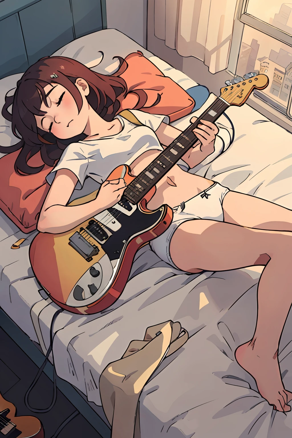 (masterpiece:1.2, best quality), (highly detailed:1.3), 1girl, , teenhite panties), crop top, holding electric guitar, sleeping, on bed, eyes closed, warm, morning light, view from above