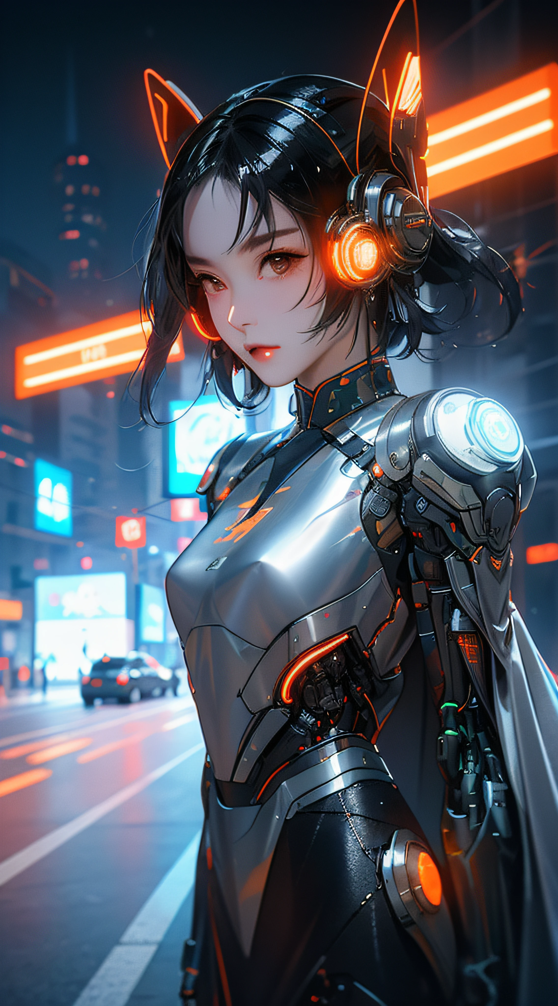 1 girl, Chinese_clothes, metallic black titanium and orange, cyberhan, cheongsam, cyberpunk city, dynamic pose, detailed luminous headphones, glowing hair accessories, long hair, luminous earrings, glowing necklace, cyberpunk, high-tech city, full of mechanical and futuristic elements, futurism, technology, glowing neon, orange, orange light, fluorescent orange, skirt, cape, coat, laser, digital background, urban sky, big moon, with vehicle, best quality, masterpiece, 8K, Character edge light, super high detail, high quality, the most beautiful woman in human beings, slight smile, face facing front and left and right symmetry, ear decoration, beautiful pupils, light effects, visual data, pick and dye orange, dye hair, super detail facial texture, happy and proud, weapon system, mecha style, crowded street passers-by, mechanical wings, super light and shadow