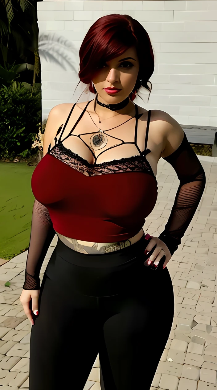 REDHEAD EMO HAIR, avatar da parte superior do corpo, detalhes em vermelho e preto, usando um top cropped sexy, Detalhe pesado, ((vermelho)) olhos baggy, roupa intrincada, thicc, heavy appearance, parte superior do corpo close up, Detalhe pesado, malha vermelha no facede, Close-up de corpo inteiro, parte superior detalhada do corpo