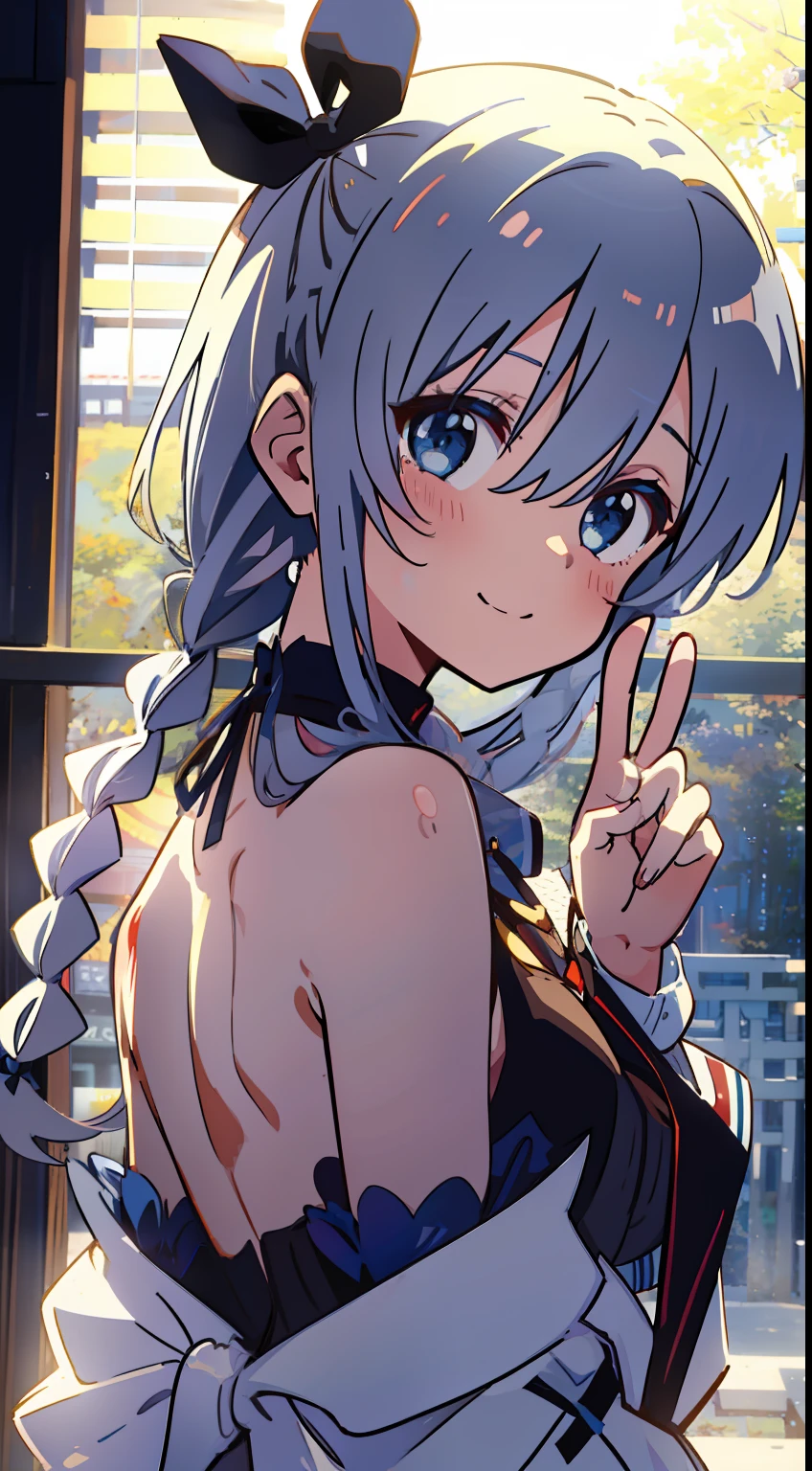 Standing Picture、full bodyesbian、white backgrounid、without background、One girl、Anime style、Deities々Right、masterpiece、Top image quality、top-quality、cute little、silber hair、Npeace、Ribbon on the back、Long、blue eyess、French braids、laugh、piece sign