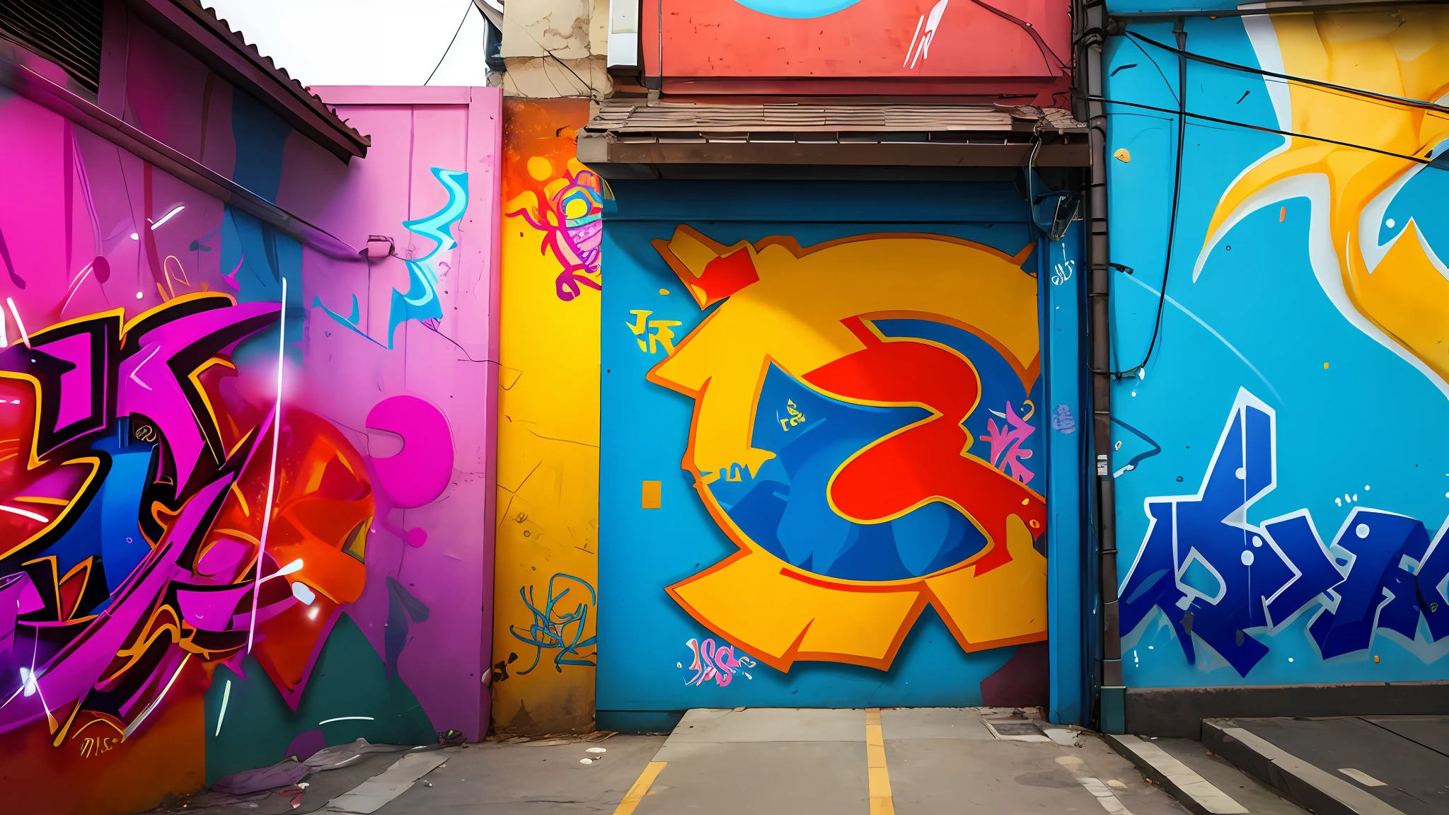 top-quality、masterpiece、movie、Volumetric lighting、Trick art on the wall of the alley、Sateen、Graffiti Art Alley