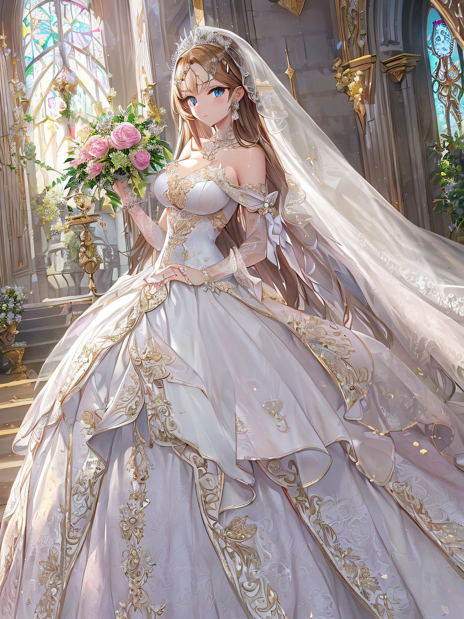 A woman in a wedding dress holding a bouquet of flowers - SeaArt AI