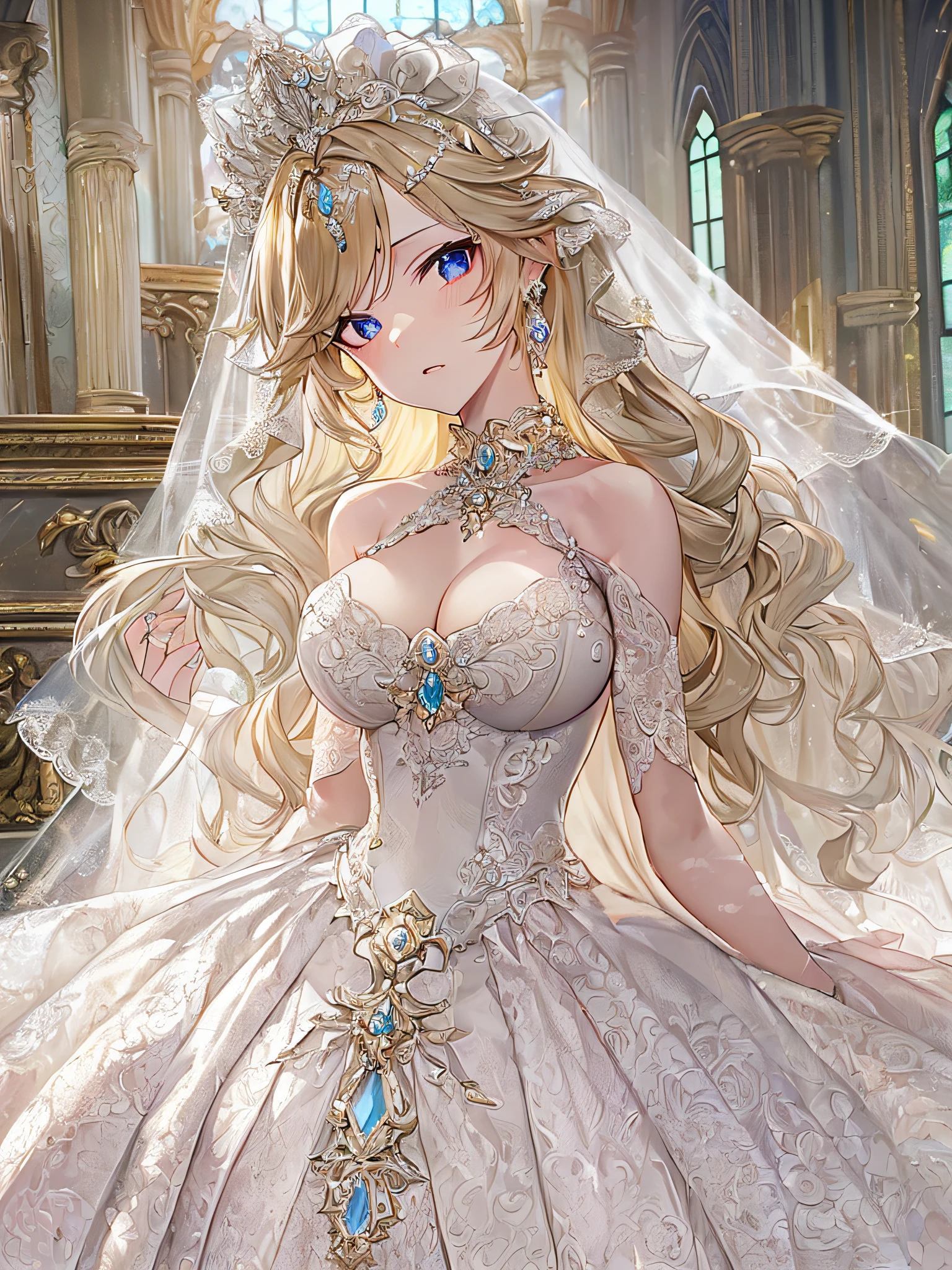 ((anime artstyle)),(Masterpiece),(Best Quality), (Super Detail),((Very Delicate and Beautiful)),Focus on character,Dynamic Angle,Looking at viewer,((Solo)),standing,((full body)),((one princess in gorgeous ball gown wedding dress with voluminous skirt)),((June bride)),detailed face and eyes,jewel-like eyes,((Very Long voluminous Hair)),gorgeous embroidery and lace,((gorgeous corsage)),See-through,(Gorgeous jewelry ornaments),luxury hair ornament,luxury tiara with jewels,ornate ruffles,((gigantic breasts,Long breasts)),indoor,church wedding,((full body)),hoop skirt,crinoline,very long wedding veil,(((fusion of jeweled wedding dress and gorgeous embroidery rococo ballgown)))