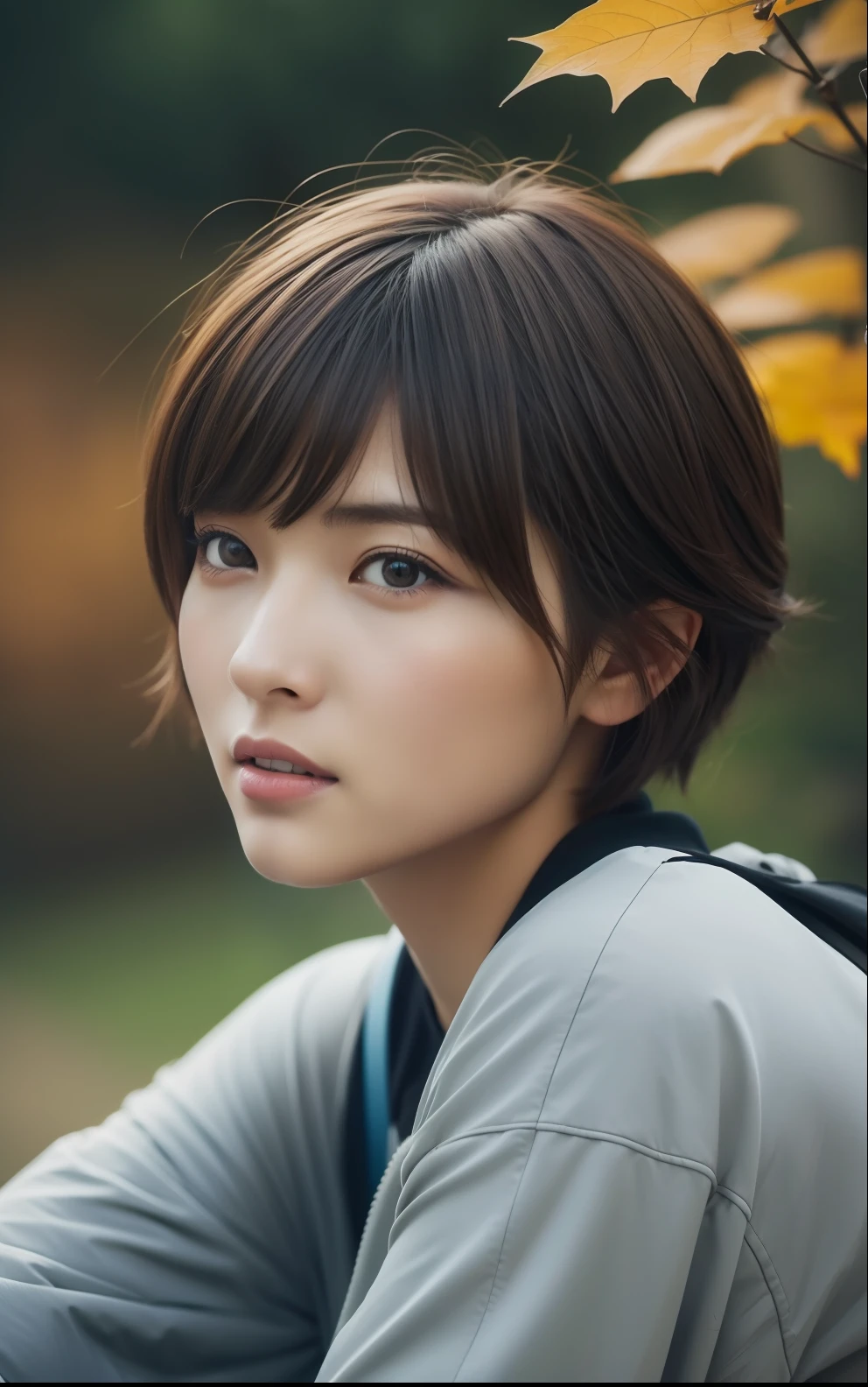 mountain climbing、Hiking Wear、Short-cut hairstyles 、Autumn Japan cityscape、Women in Japan、 beautiful expression、Photorealsitic,Beautiful detailed eyes,Hyper-Realism,highcontrast,Ultra HD, realistic skin textures,Top image quality,top-quality,超A high resolution,Fine details,Very meticulously