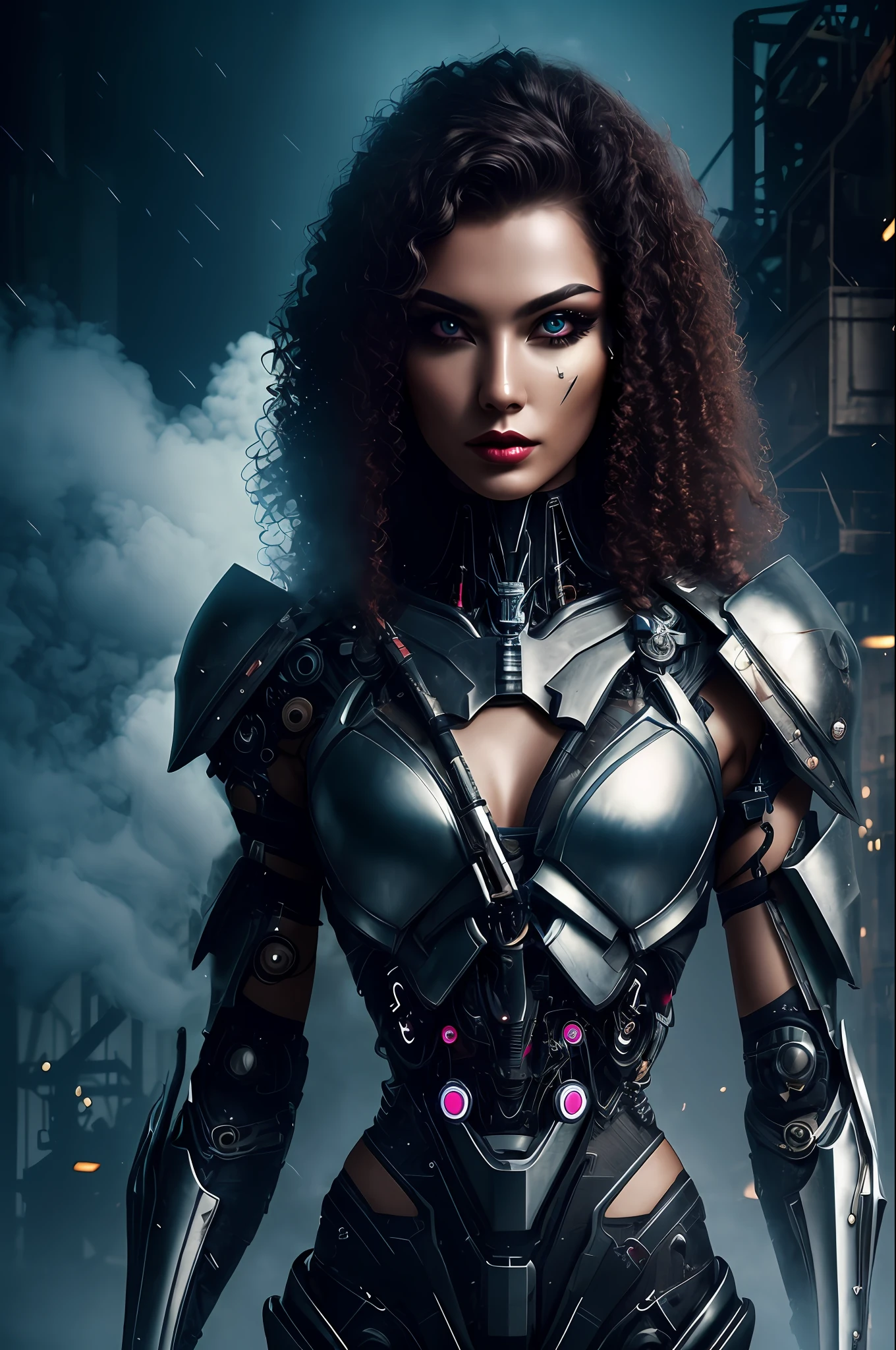 a beautiful woman cyborg warrior in the Style-RustMagic, cyberpunk augmentation, cyberware, cyborg, carbon fiber, chrome, implants, metal skull, cyber plate armor, (dark atmosphere:1.2), (fog & smoke), (dark night:1.3), scars, (dark medium length disheveled hair:1.1), (eyeshadow:1.1), (beautifully detailed glow:1.2), (Cinematic lighting), intricate detail, highres, rounded eyes, detailed facial features, sharp focus, smooth, aesthetic, detailed dark industrial factory background, stylish pose, dynamic pose, (dramapaint), (opt-6000:0.9)
