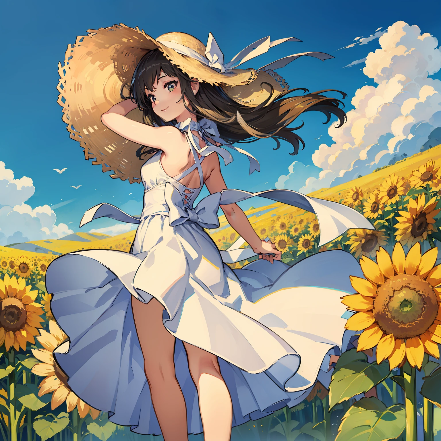 (top-quality、​masterpiece、A hyper-realistic)、Portrait of beautiful and delicate girl with soft and peaceful expression、The background landscape is、It is a hill full of sunflowers and clouds。a beauty girl、White Dress、Sleeveless、Back elongation、Hold the straw hat over your head with both hands、Skirt fluttering in the wind、Panchira、A smile、Full Body Display