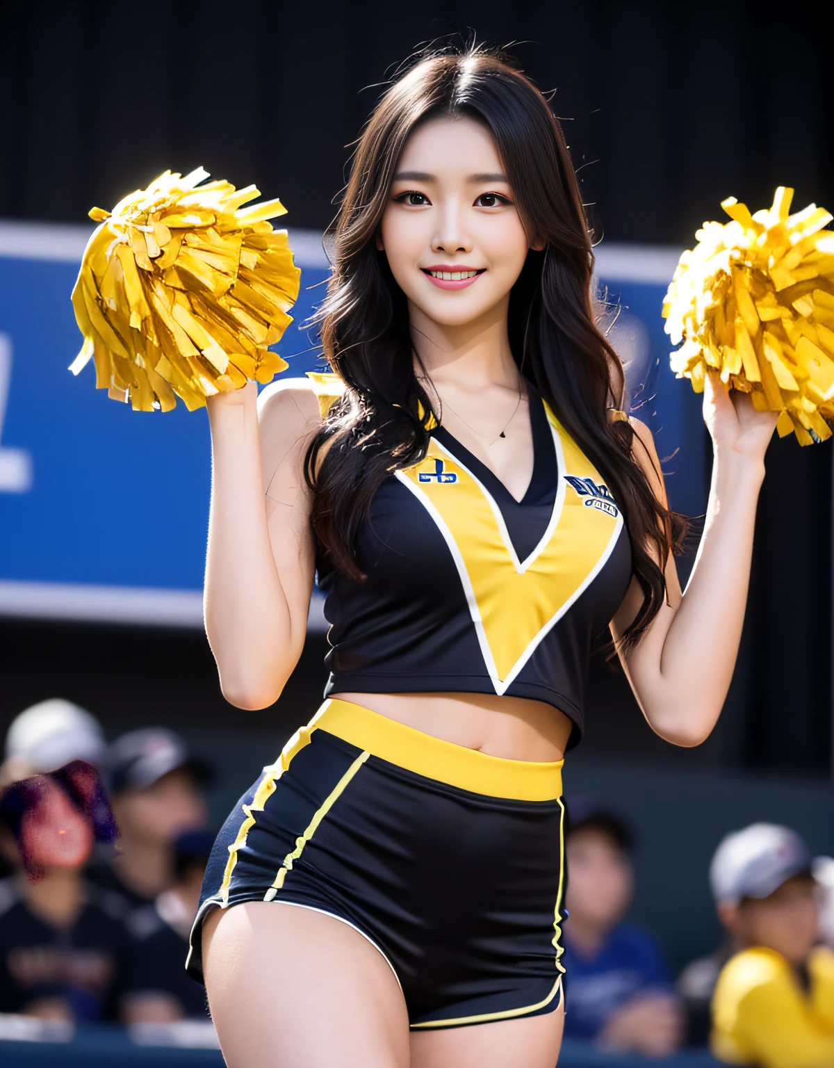 8K UHD, DSLR, Raw foto, Photorealistic, ultra realisic, Cinematic Lightning, high detailed, high detailed skin, High Quality , Tamron SP 70-300mm F/4-5.Photo taken by 6,The highest quality, Slightly visible chest and thighs, The ultra-Highres, slim waist, Lovely smile, highly detailed faces, Detailed lips, Detailed Eyes, Double eyelidd, Long black hair, Black-haired god, Cheerleading stage at a baseball stadium in South Korea, Bright and cheerful atmosphere, Lovely eyes, (cheerleader), Cheerleader costumes, Colorful costume colors, model poses, full body photograph,Bright and tight-fitting clothes, Sexy fashion