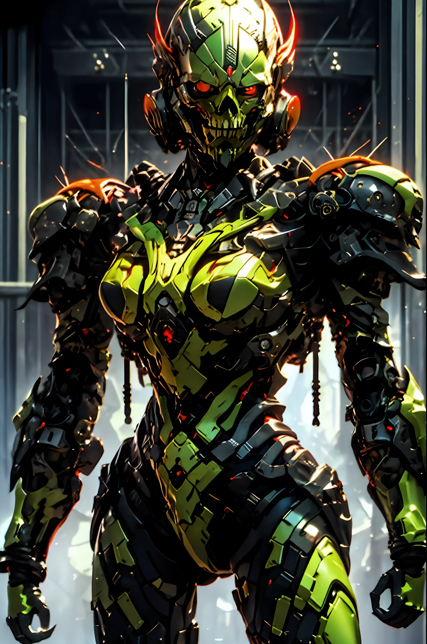 oni,warframe design as, mask, muscle, oni HAYABUSA as , orange dark camo pants with black leather, cicatriz, energy aural emitting, angry action posting packed, aggressive action posting for the pictures, magic emitting in hands,double piece, highly detailed, highly realistic, hyper realistic low angle, M-shaped white-haired man, red eyes,open legs, molyman, shot from below, glaring, upper body, slender body, delicate body, light clothing, biting panties,, take up close, close up,