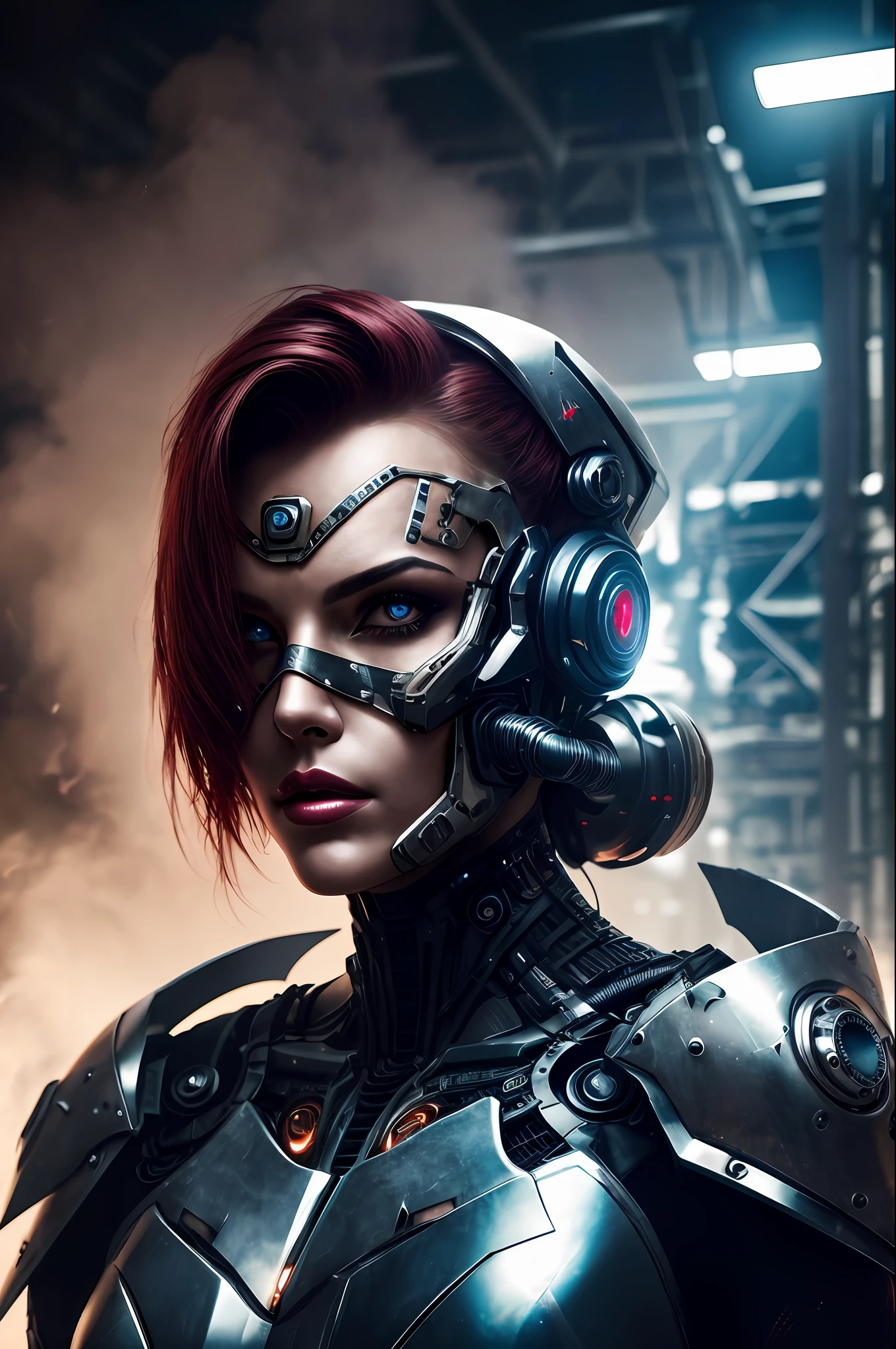 a beautiful woman cyborg warrior in the Style-RustMagic, cyberpunk augmentation, cyberware, cyborg, carbon fiber, chrome, implants, metal skull, cyber plate armor, (dark atmosphere:1.2), (fog & smoke), (dark night:1.3), scars, (dark medium length disheveled hair:1.1), (eyeshadow:1.1), (beautifully detailed glow:1.2), (Cinematic lighting), intricate detail, highres, rounded eyes, detailed facial features, sharp focus, smooth, aesthetic, detailed dark industrial factory background, stylish pose, dynamic pose, (dramapaint), (opt-6000:0.9)