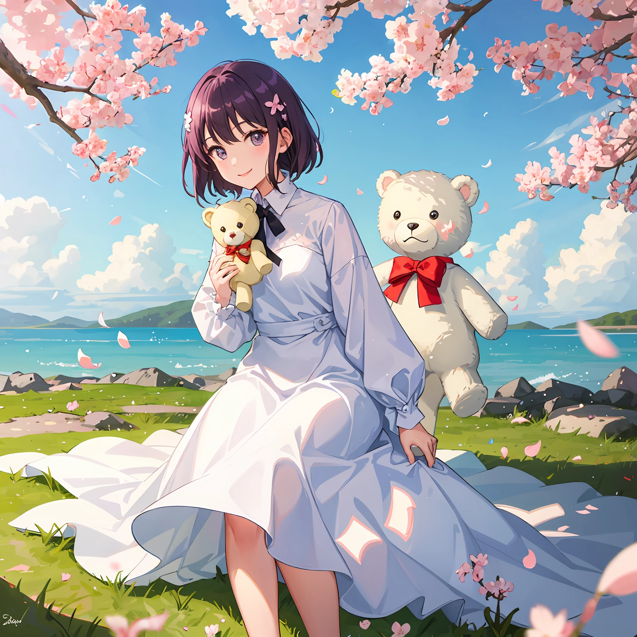 The girl with a sweet smile,Wear a light purple long-sleeved long dress,Holding a white teddy bear,Sit under the cherry blossom trees,Cartoon style