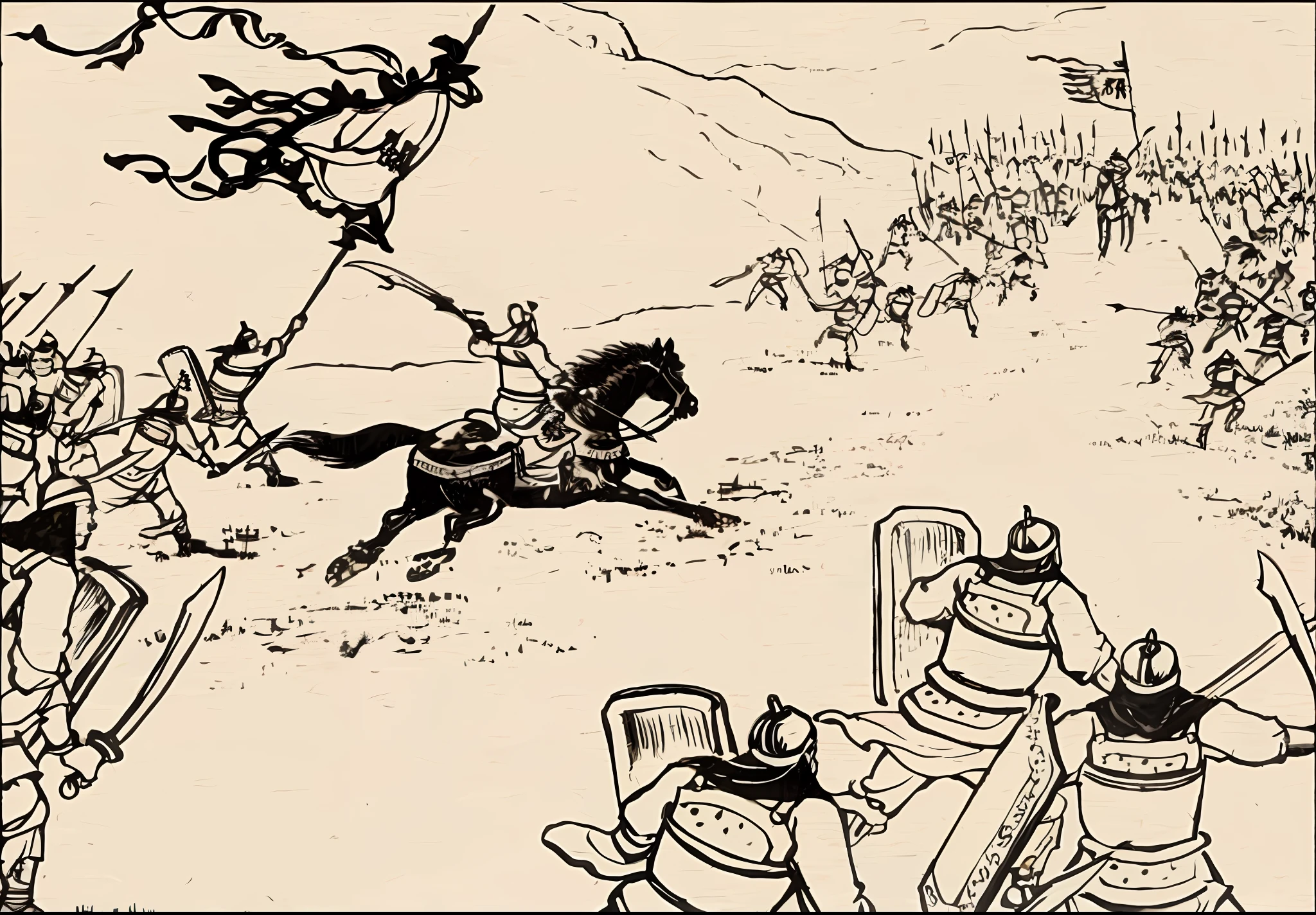 Guan yu, karo, chinese three kingdoms, ren xun and maruyama ōkyo, from three kingdoms, by Xuande Emperor, inspired by Sesshū Tōyō, Traditional Chinese Ink Painting, Three kingdoms,8K high-definition,Encaustic painting