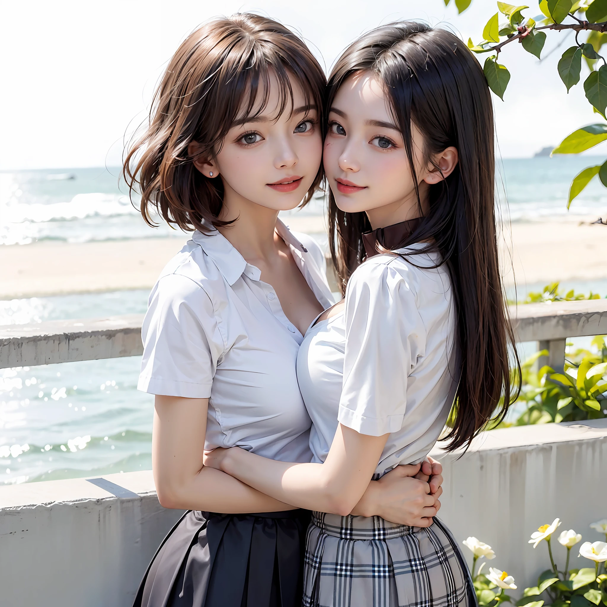 Two people facing each other and hugging happily、Two people hugging each other happily、Two people hugging each other tightly、Two people put their cheeks together、Two people touching cheeks with cheeks、Both of them are staring at the camera slightly above、Look firmly at the camera、Lesbian couple、Lily couple、((Bring your cheeks together、30-years old、Both supermodels are 190cm tall、high-angle、Look up at the camera at the top、Straighten your back))、Two pretty and pretty girls、masterpiece、top-quality、realisticlying、realisitic、Seductive bright smile、Both of them have short clean hair with bangs、Both have bangs、bangss、Both have short hair、Both have pretty hair with bangs、Short sleeve white shirt with collar、White shirt with collar、(Plaid pleated skirt)、enticing eyes、Both have very large breasts、very Bigger breasts、Big ass、big breasts thin waist、(cleavage of the breast)、(Immaculate white background with nothing really)、ighly detailed、Very tall、neck long、the neck is long、Straighten your back、Put your ears out、Highlights in the eyes、lipgloss、glowy skin、White-colored skin、Clean collarbone、closes mouth、Close your mouth and smile、Happily、Nice proportions、lovely、Charming and endearing、Colorful random collar shirt、Colorful random color skirt、Do not add shadows、No shadows、No shadows on the face、natural soft light、natural soft light、Gentle light、A little wind blows、Slightly affected by wind、Hair fluttering in the wind even a little