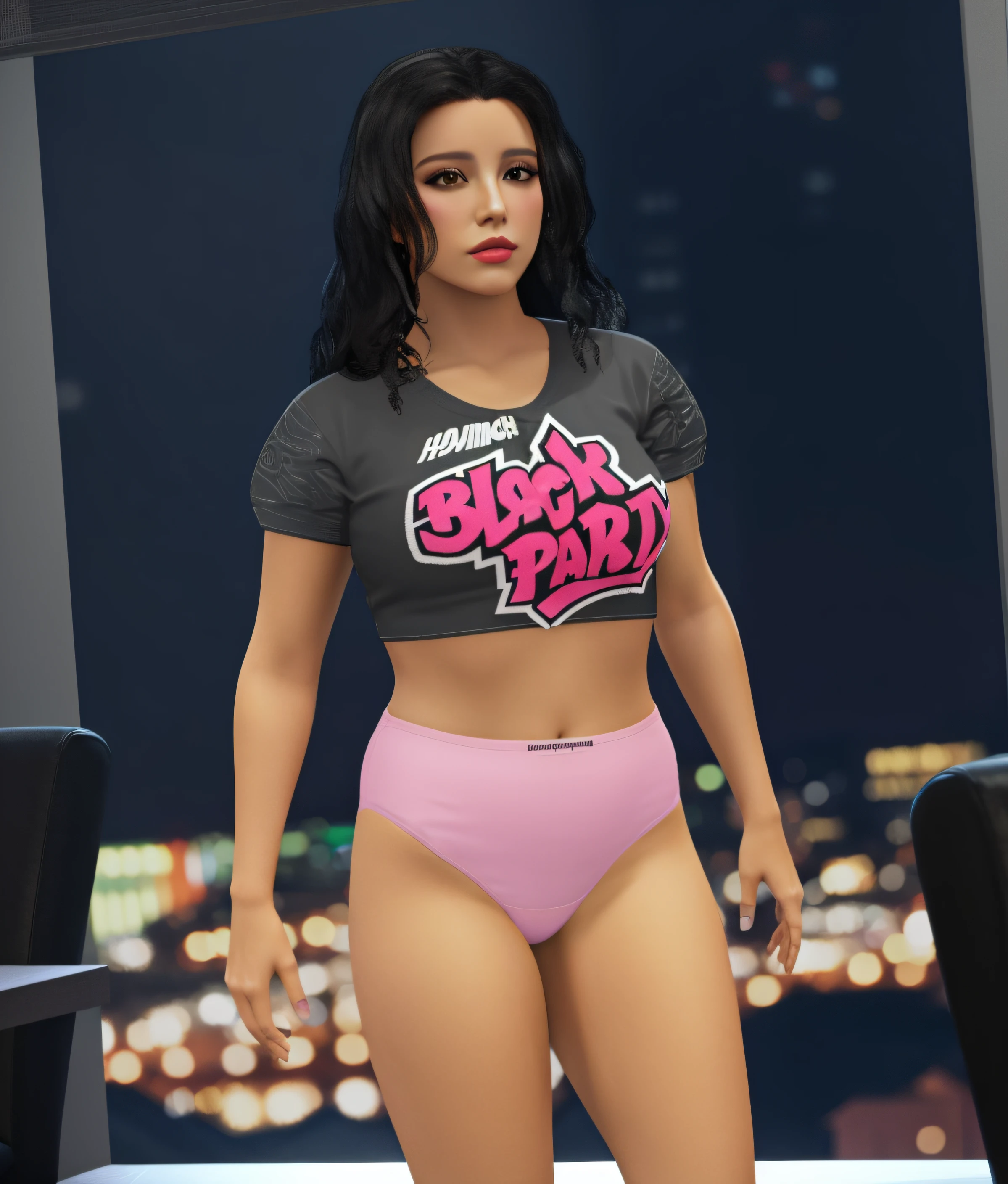 ((masterpiece, best quality)), Curvy Latina in black band logo shirt and pink cotton panties, in apartment overlooking the city, realistic 3D game model, intricate details
