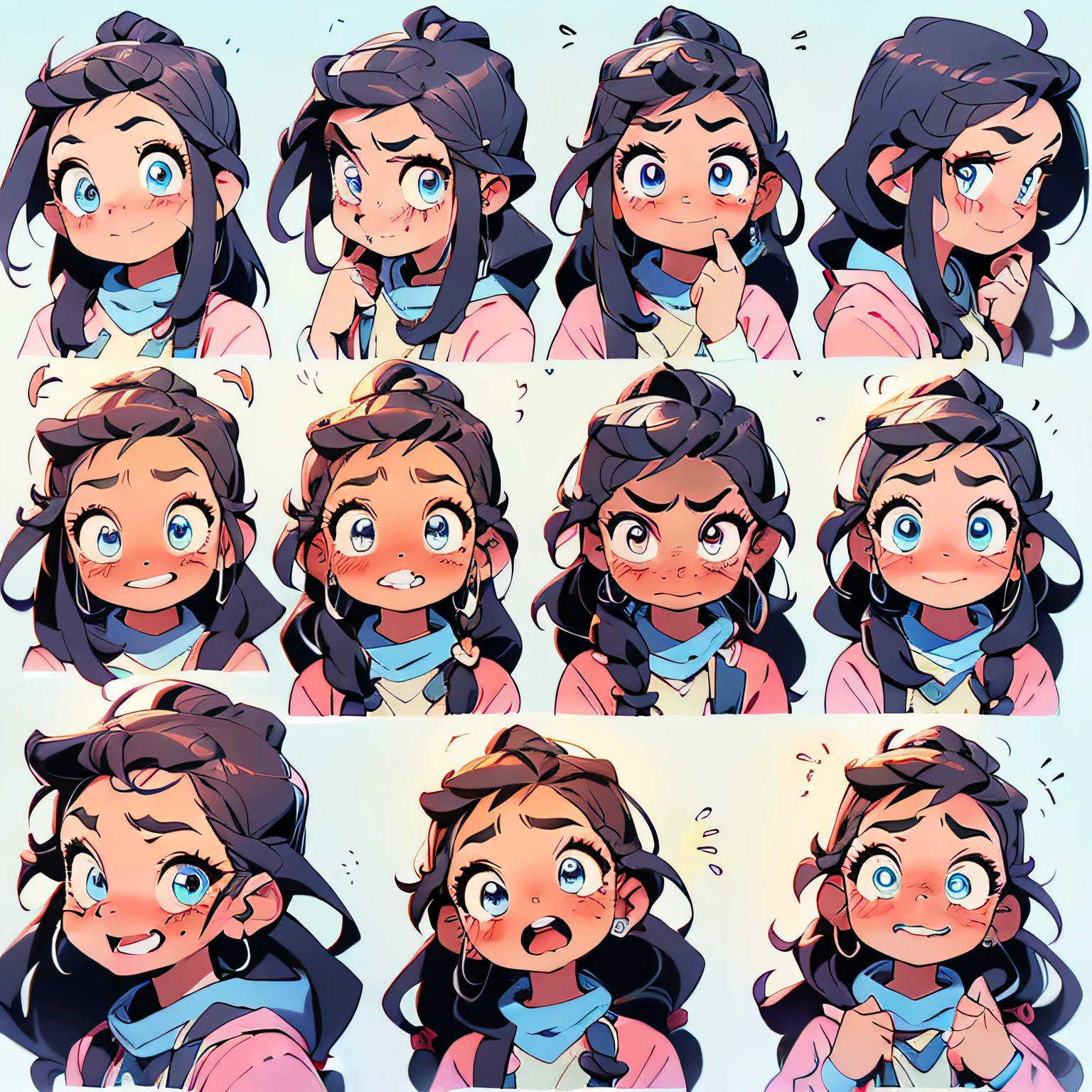 1 cute girl, 9 grids, 9 poses and expressions, cute, pink clothes, smiling, crying, troubled face, blue eyes, two knots, freckles, different emotions, 8K