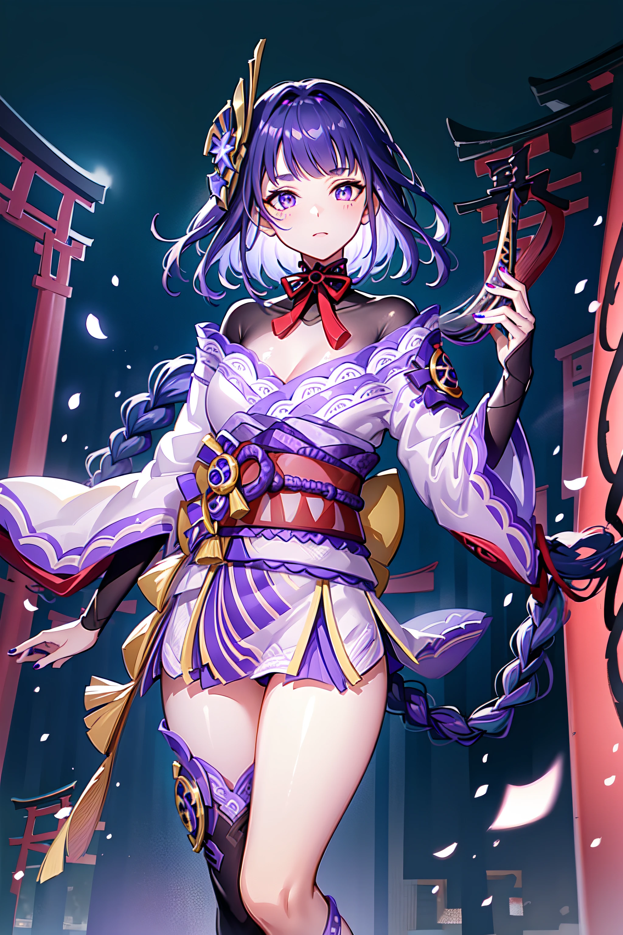 (masterpiece, finely detailed beautiful eyes: 1.2), high contrast, pastel colors, watercolor \(medium\), (illustration:1.2), 1girl, solo, (raiden shogun:1.4), purple hair, purple eyes, bangs, braid, braided ponytail, breasts, hair ornament, japanese clothes, kimono, sash,red sash , (detailed background:1.4), (torii:1.4), (thighs:1.4), volumetric lighting, hyper detailed, highly detailed, beautiful, small details, ultra detailed, best quality, intricate, sharp, digital illustration, detailed, intricate, 4k, 8k, good anatomy, beautiful lighting, award-winning, highres, (extremely detailed CG, unity, 8k wallpaper:1.1), beautiful face, highly detailed face, zoomout, colorful, vibrant colors, nail polish, (glow:1.4)