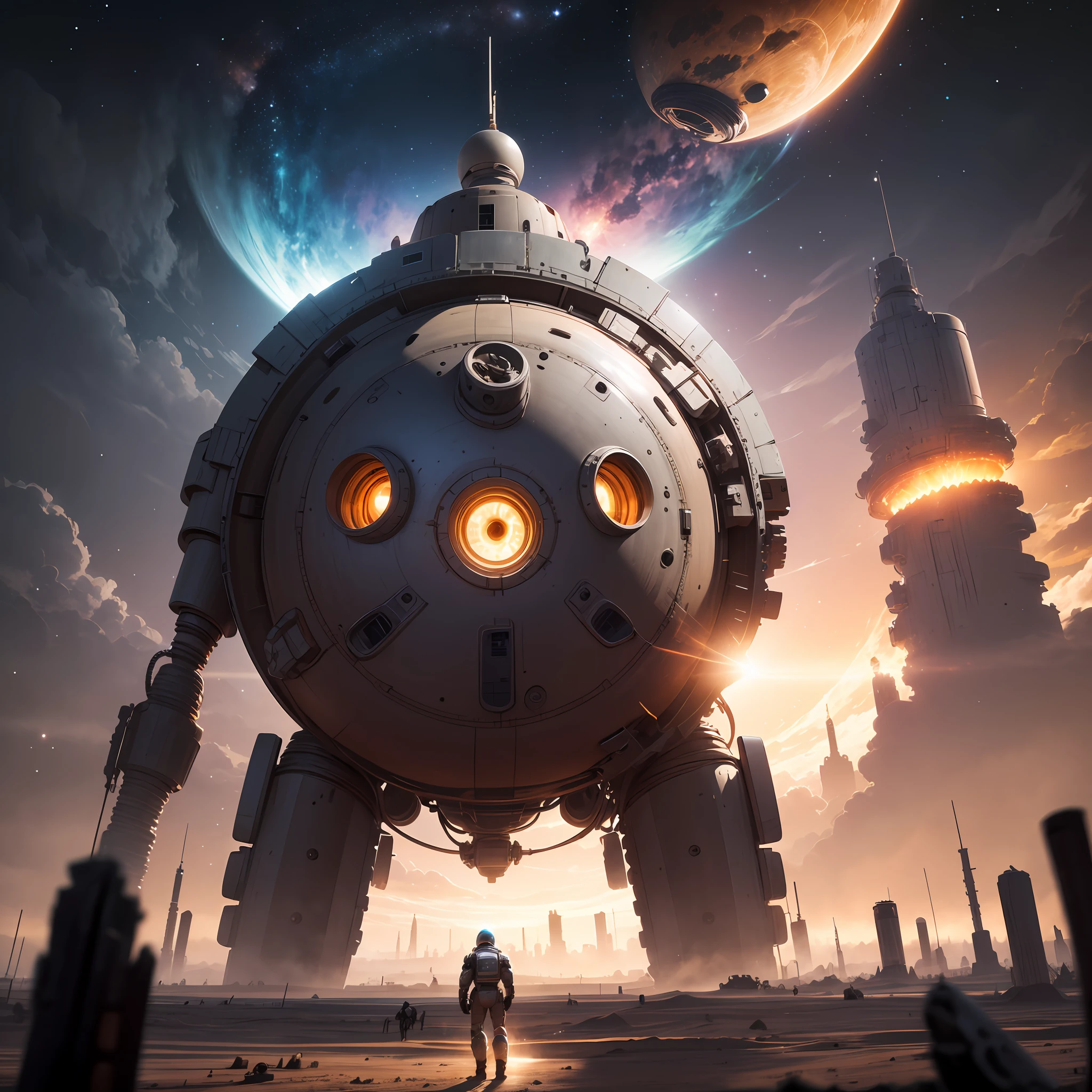 Interstellar space station in 2350 expansive view with lots of background clean and detailed photorealistic, Arbeitende Menschen in Raumanzug die von Roboter Cyborgs bewacht und beaufsichtigen werden (bewaffnet)