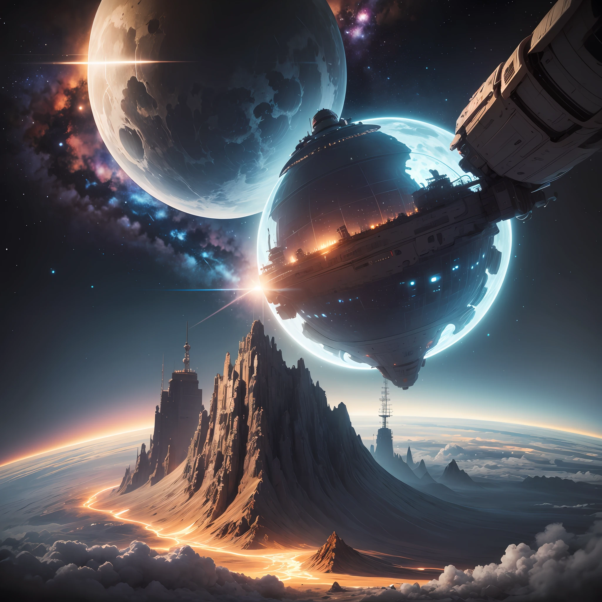 Interstellar space station in 2350 expansive view with lots of background clean and detailed photorealistic, Arbeitende Menschen in Raumanzug die von Roboter Cyborgs bewacht und beaufsichtigen werden (bewaffnet)