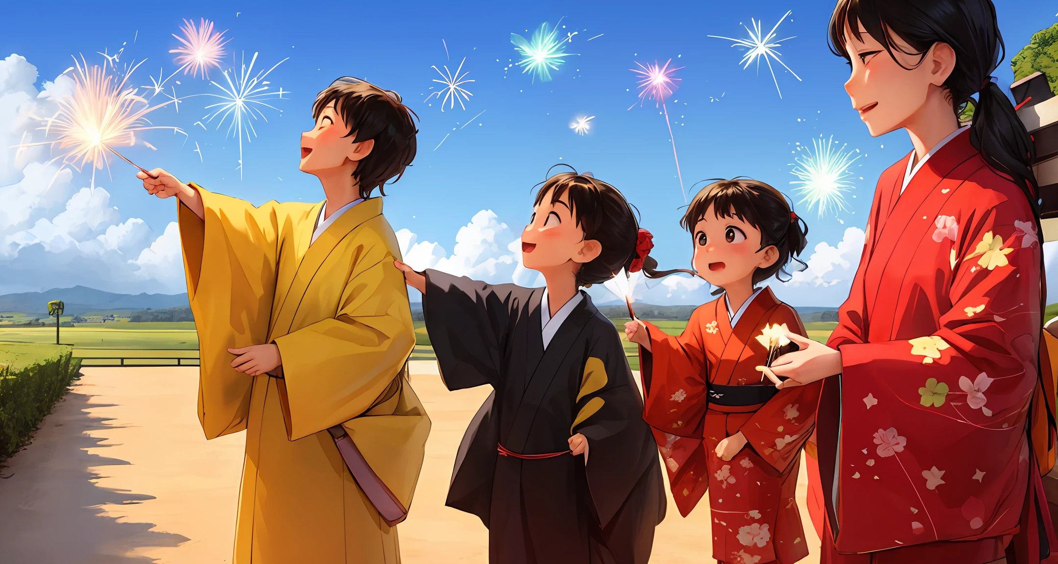jpn、sparklers、families、2 year olds、5 year olds、mamma、Looking Up at the Sky