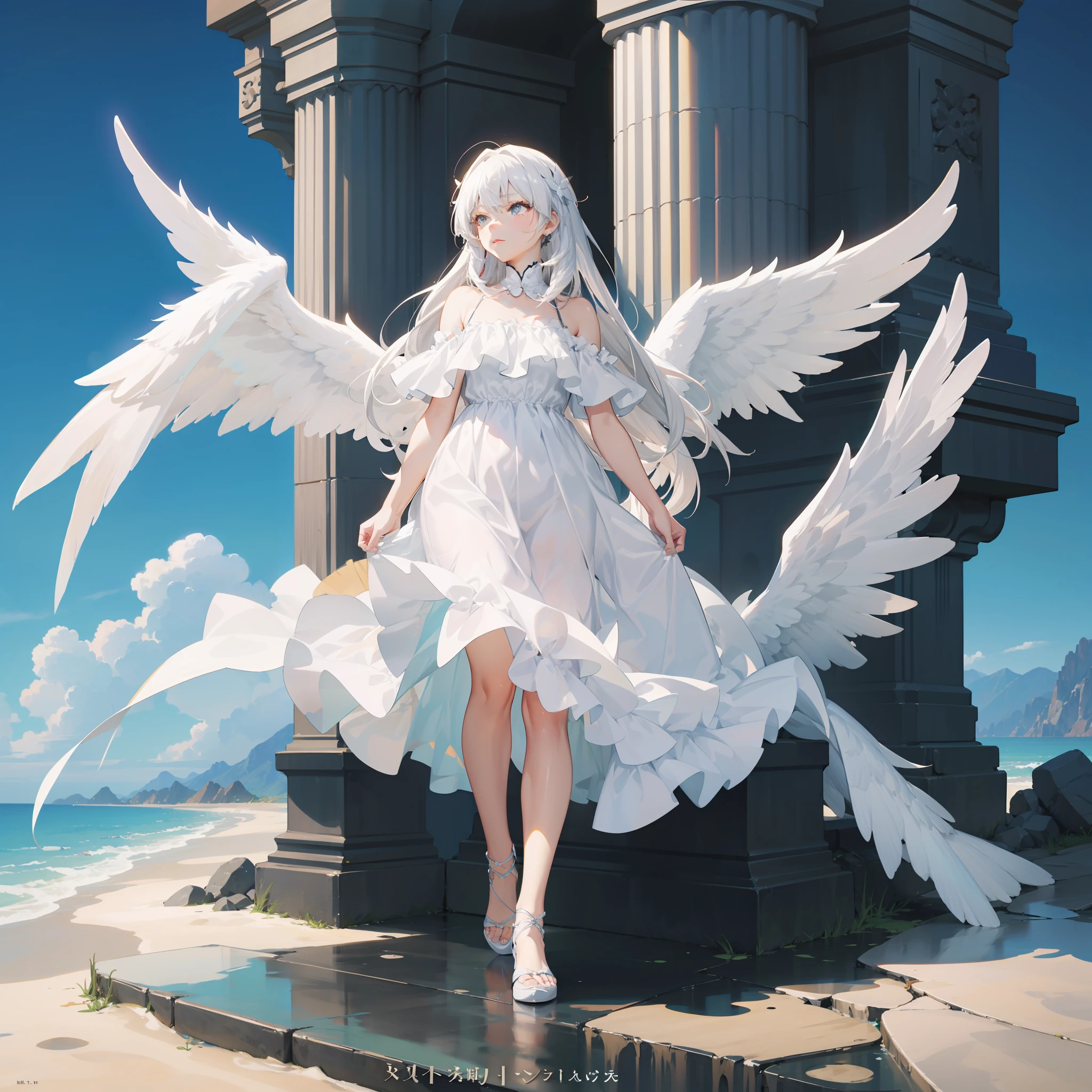 ​masterpiece、Anime - style image of a woman in a white dress with wings, guweiz on pixiv artstation, of an beautiful angel girl, full - body majestic angel, young wan angel, angel knight girl, Angel Girl, high detailed official artwork, digital art on pixiv