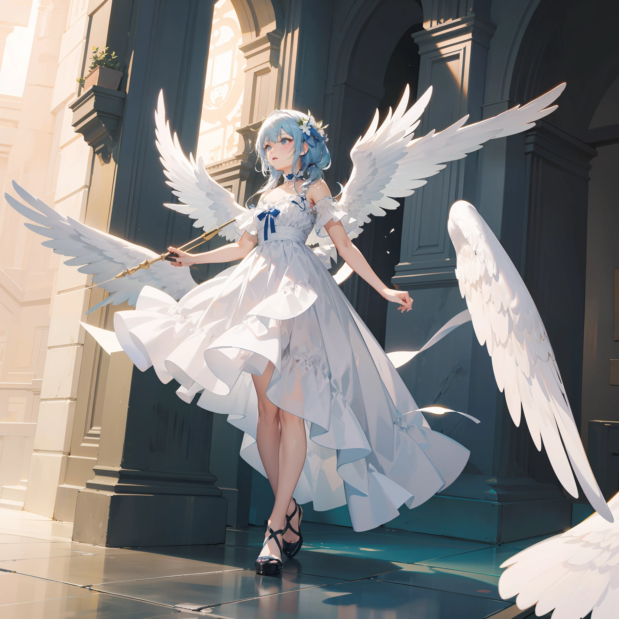 masterpiece、Anime - style image of a woman in a white dress with wings, guweiz on pixiv artstation, of an beautiful angel girl, full - body majestic angel, young wan angel, angel knight girl, Angel Girl, high detailed official artwork, digital art on pixiv