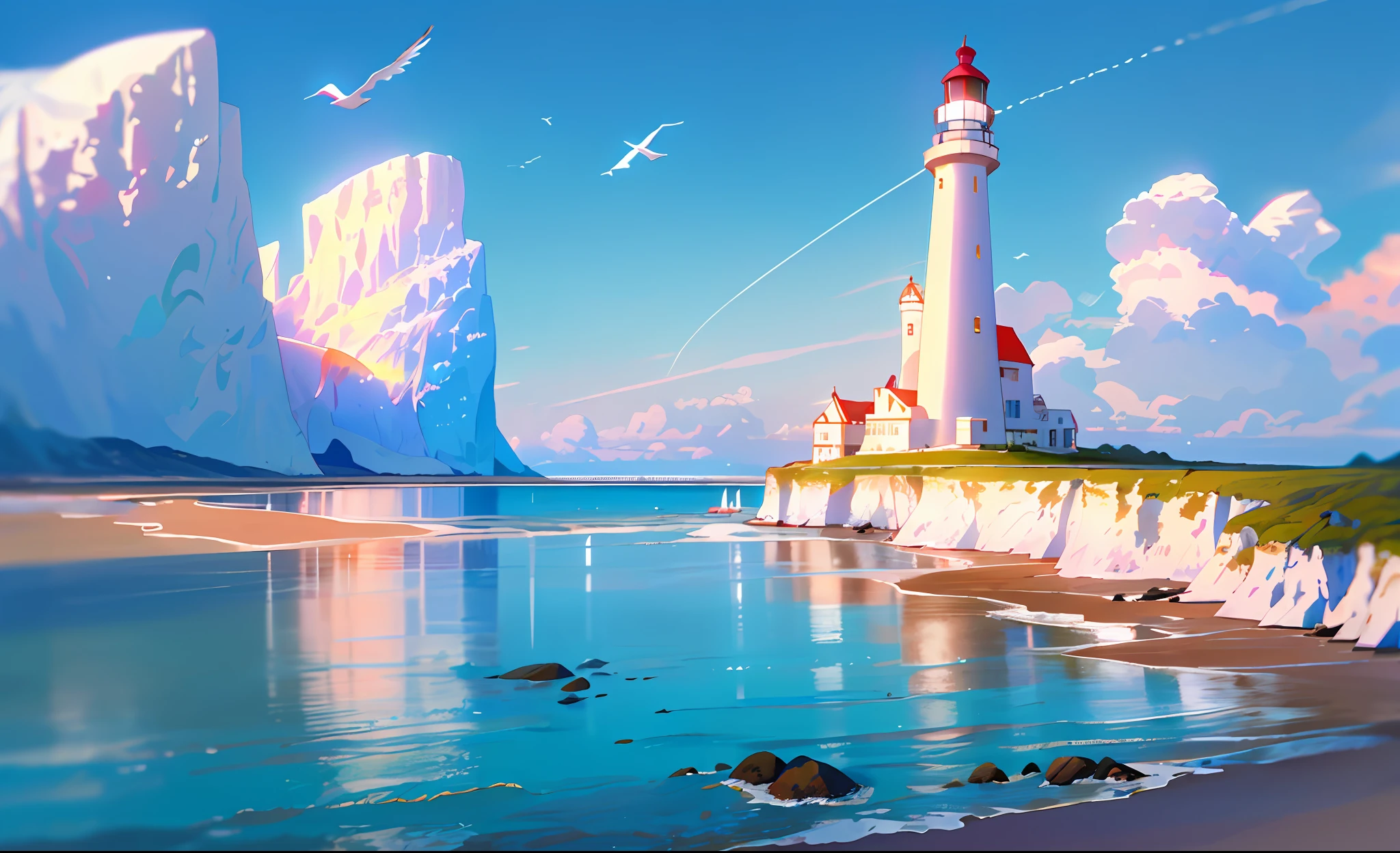 (Masterpiece, Best quality:1.1), wide angles, From below, (White cliffs), Mountain, Blue ocean, low tide, Sea waves, rocky beach, contrail, seagulls, horizon, breeze, Summer, Morning, Sunny, Cloud, calm, Fresh air, Sail ships, lighthouse, Depth of field