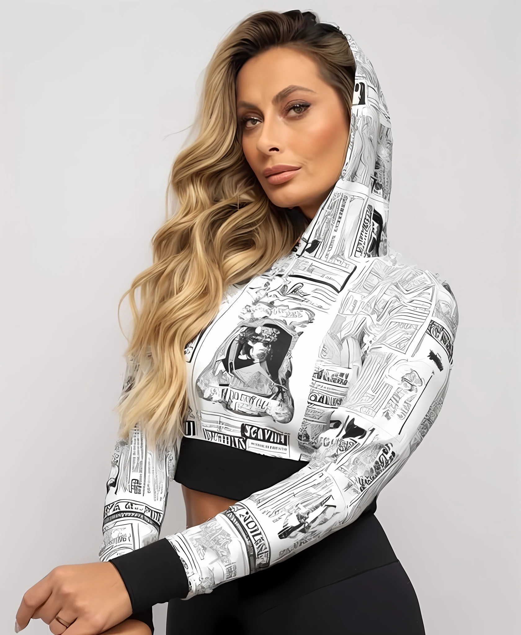 ((Sophia Loren)), Sophia Loren usando um capuz de estampa de jornal e leggings pretas, estilo de jornal, olhando para o lado,  vestindo capuz, imagem de perfil, mixed medias, cintura para cima, Foto de perfil, em profundidade, she is wearing streetwear, com capuz, roupas pretas e brancas, olhando para o lado, Parecendo quente
