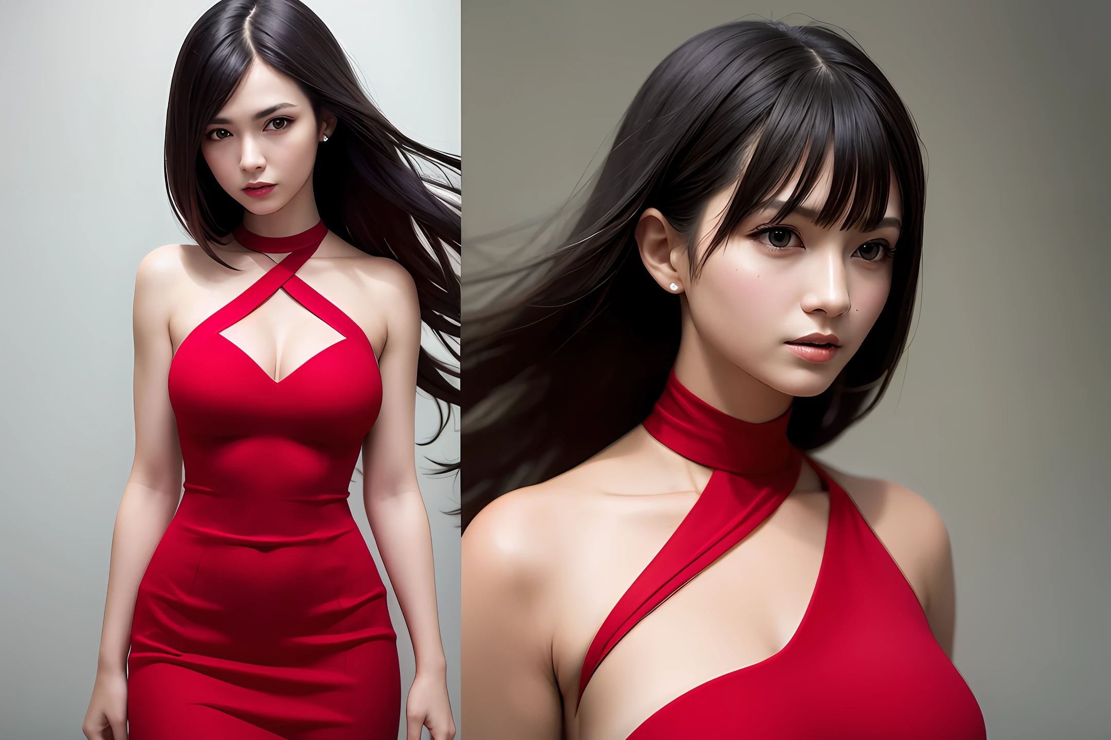 Make an image of an ultra-realistic human woman with straight black hair large and quite bright and radiant in very high definition with red dress