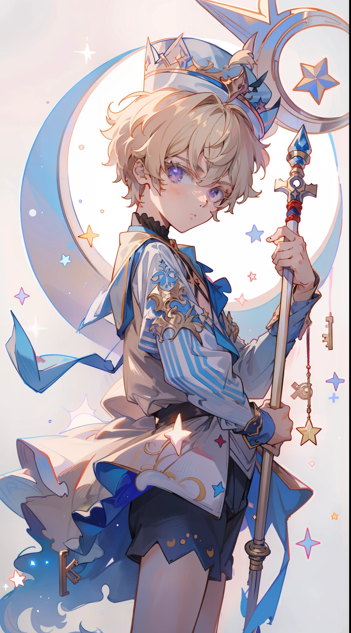 Anime boy with stars and wand in his hands, Delicate prince, portrait of magical blond prince, highly detailed exquisite fanart, Beautiful prince, Key Anime Art, guweiz, lunar themed attire, Detailed key anime art, detailed fan art, zerochan art, Anime Illustration, Genshin